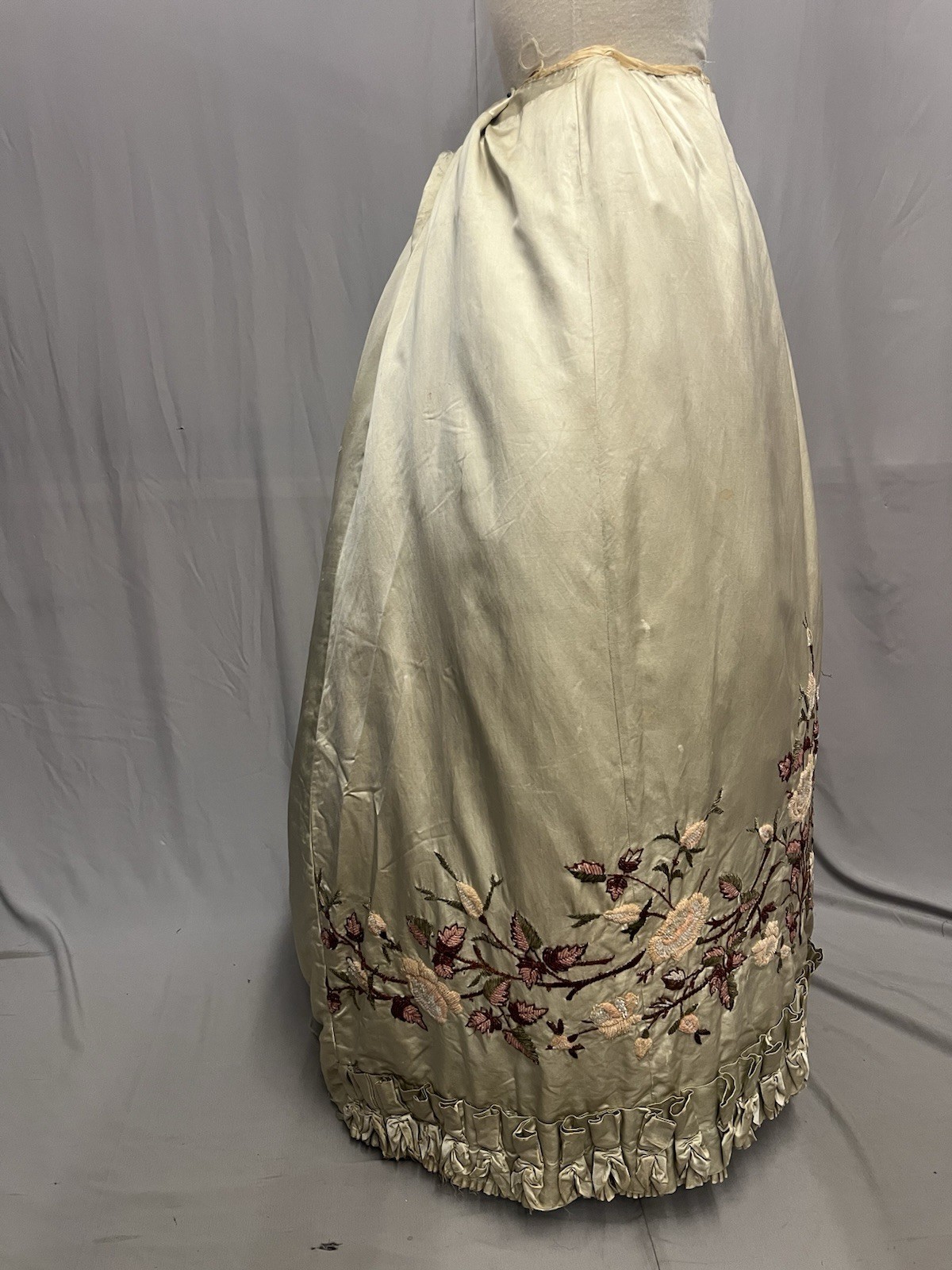 1880’s Light Celery Green Silk Bustle Skirt – Heavy Embroidered & Beaded Florals