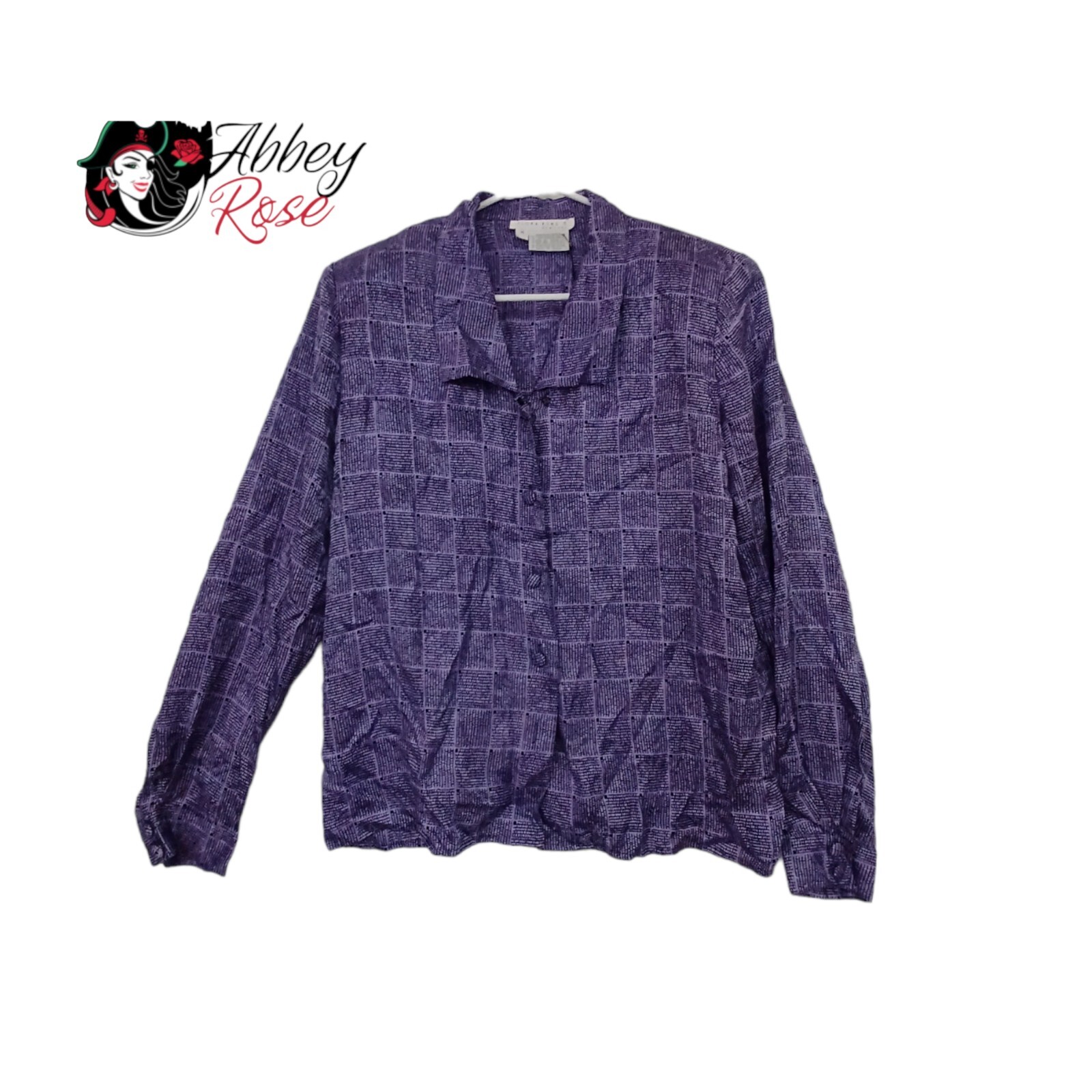 Vintage Flora Kung Silk Purple Blouse Button Down Size 14 Shirt 80s 90s