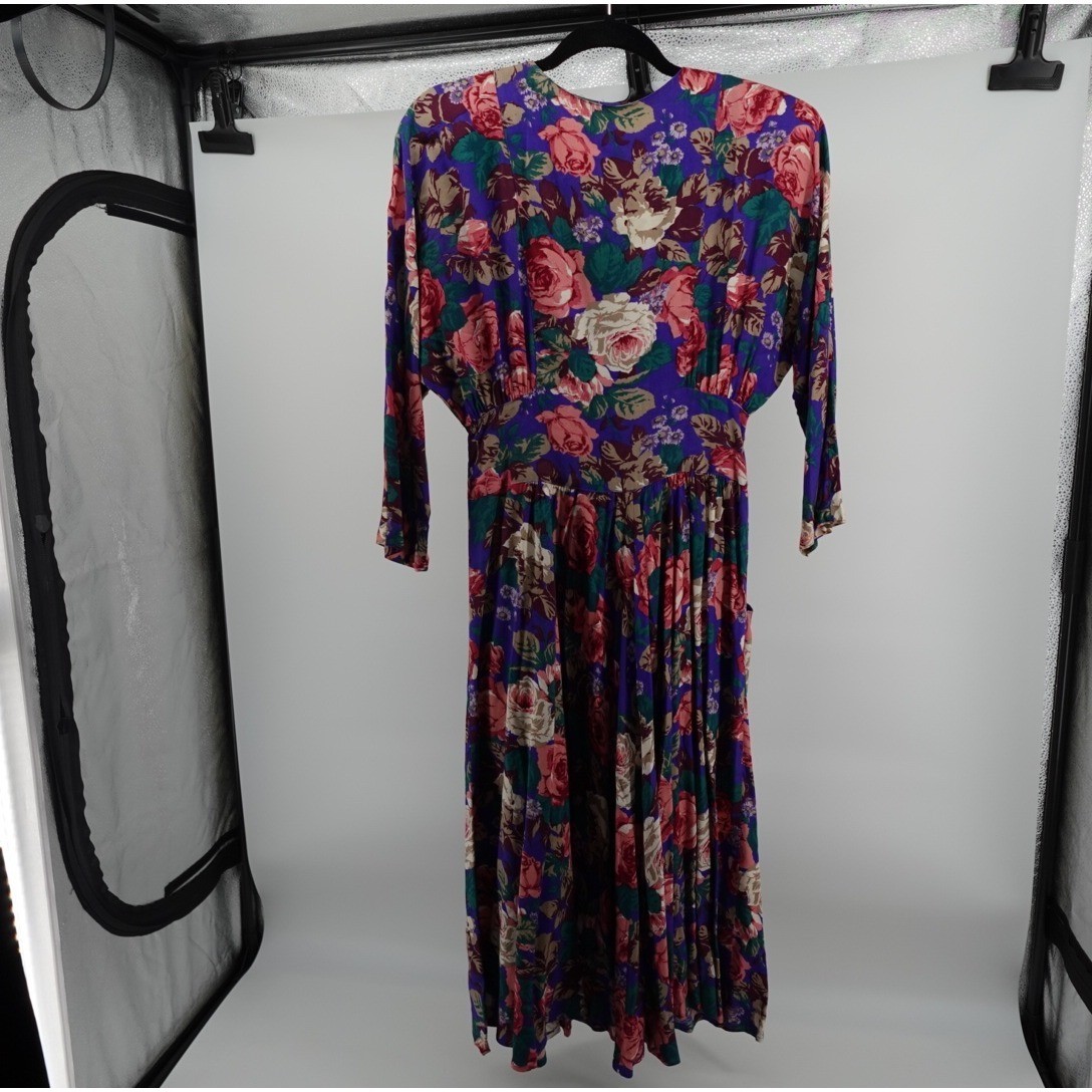 Carol Anderson Vintage Purple Floral Midi Dress Button Front Pockets 80s USA