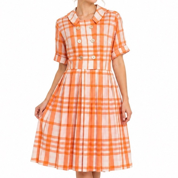Vintage Serbin of Florida Orange White Plaid Double Breasted Pleated Midi Dress