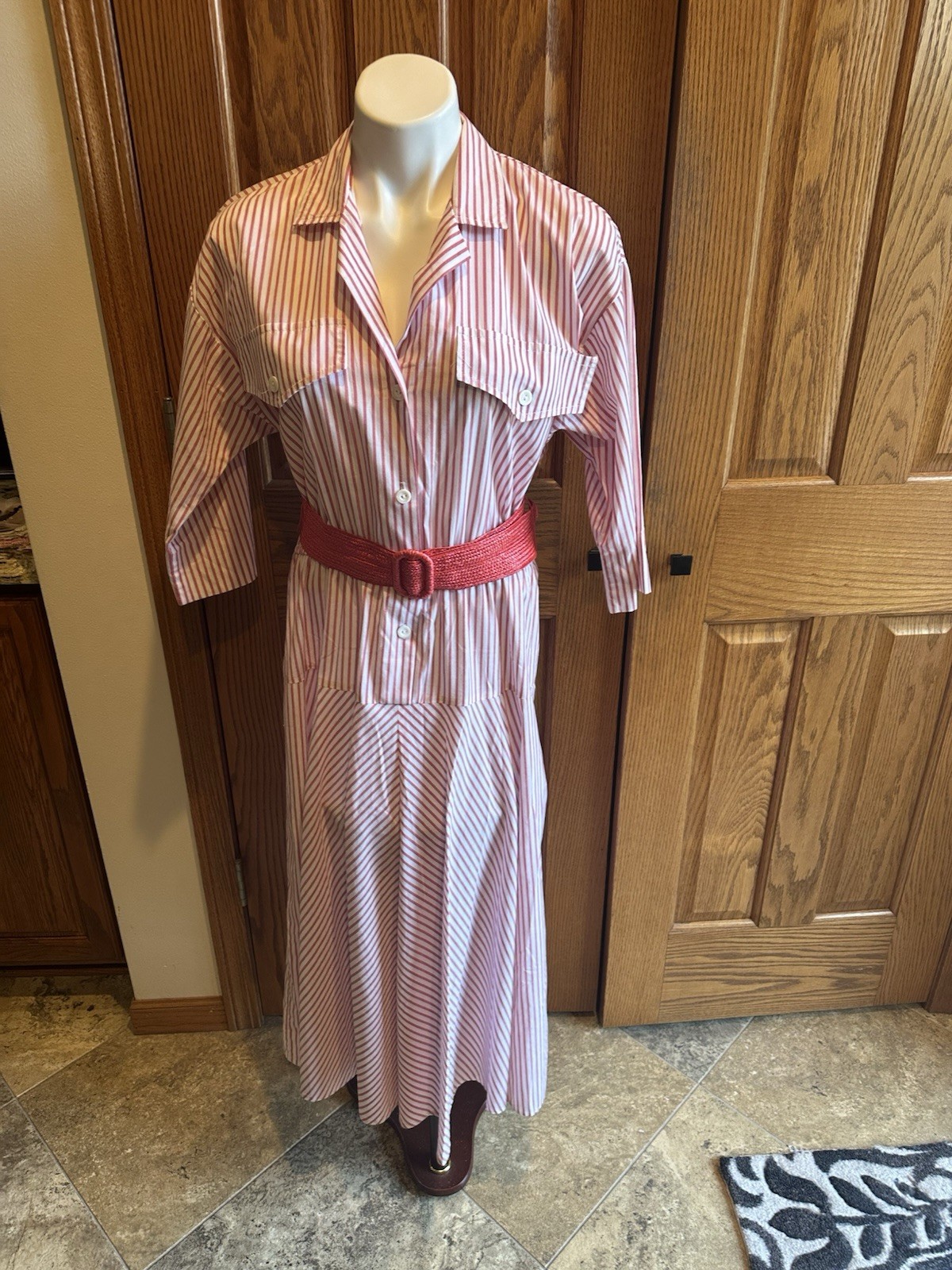 Vintage Shirt Dress Red & White Stripe EJM Ltd Size 11-12 Wide Belt 80’s 90’s