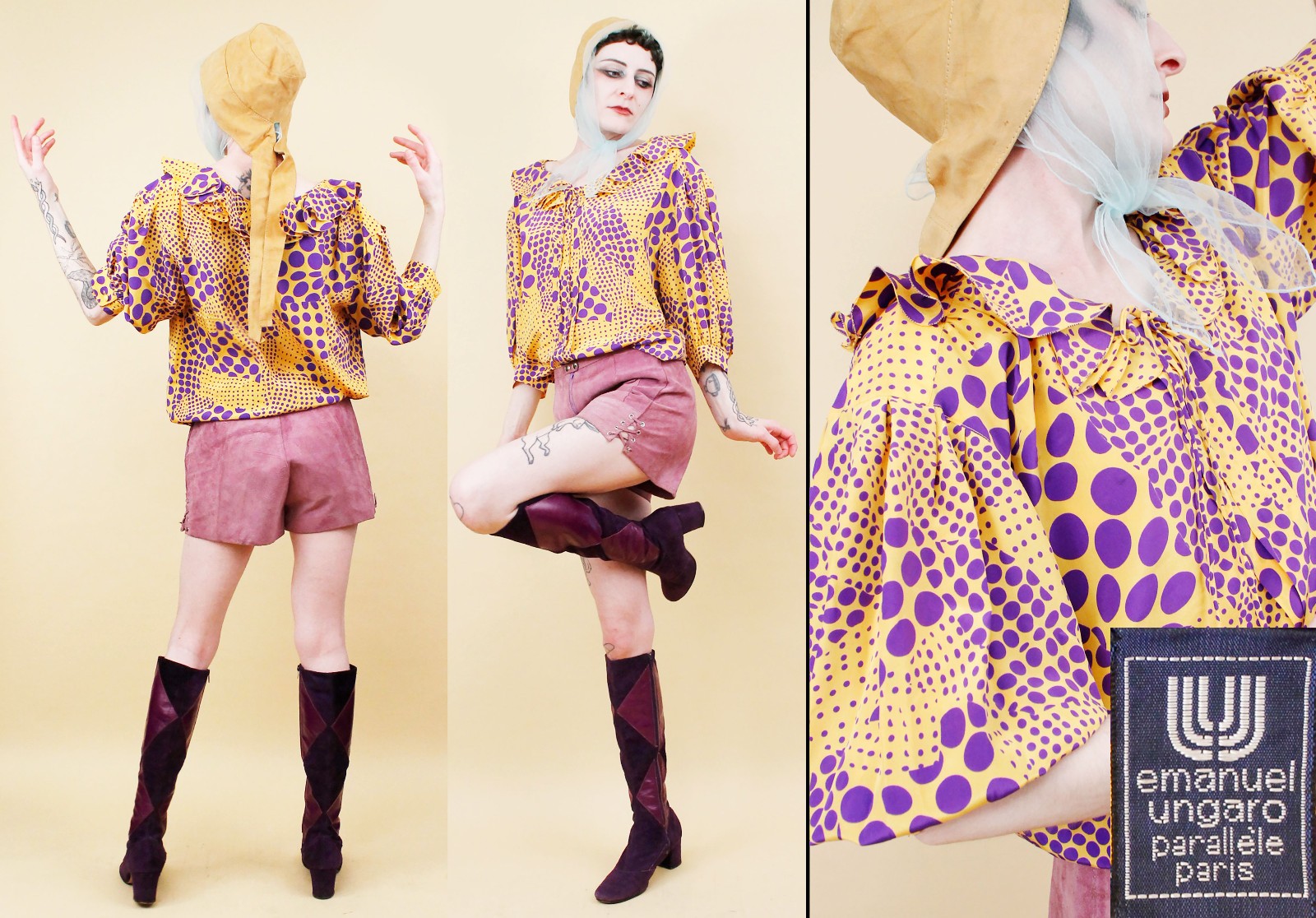 80s Vtg Emanuel Ungaro 100% Silk Gradient Polka Dot Ruffle Collar Blouse Pleat B