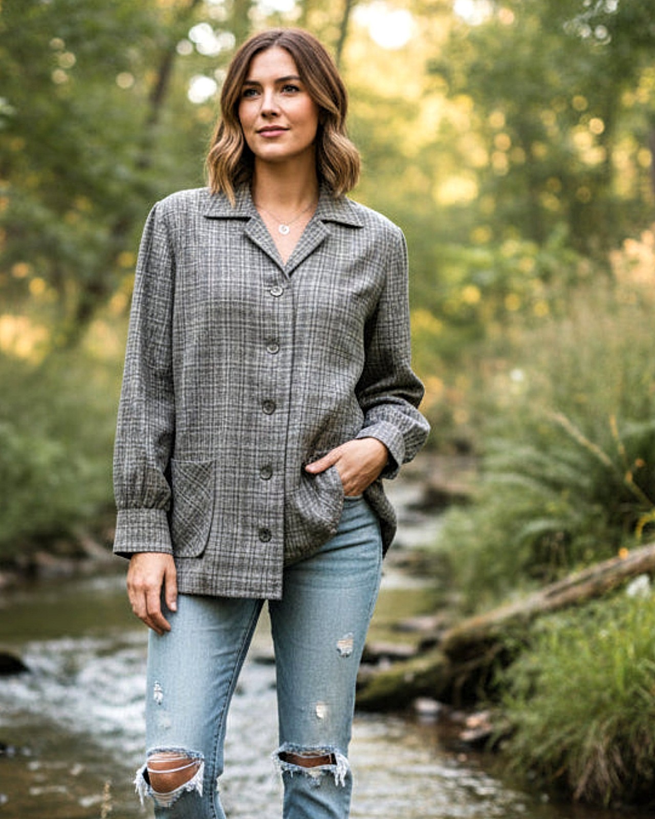 Vintage Women’s Grey Wool Plaid 49R Style Jacket