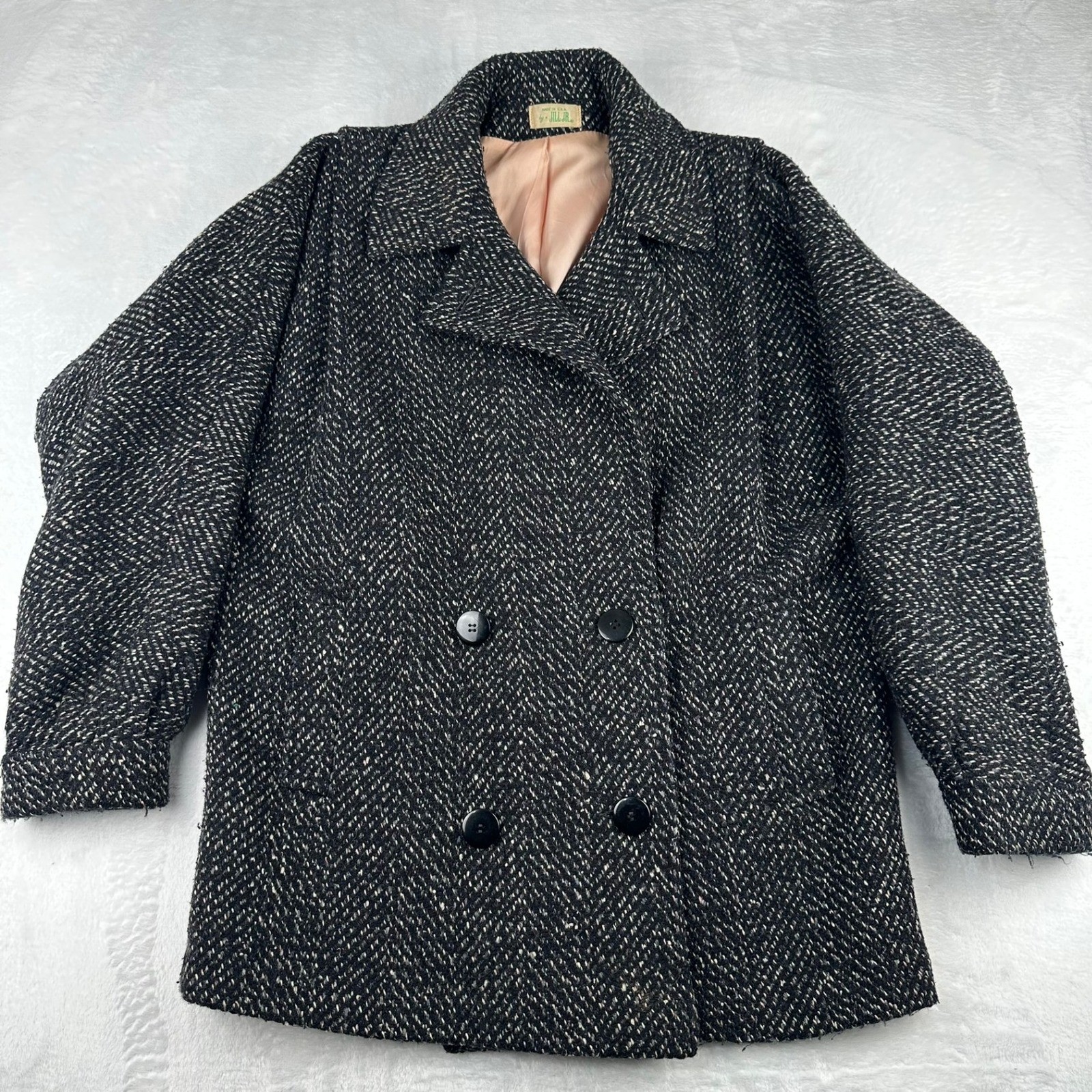 Jill Jr Womens XL Gray Wool Tweed Pea Coat Double Breasted Vintage USA Made