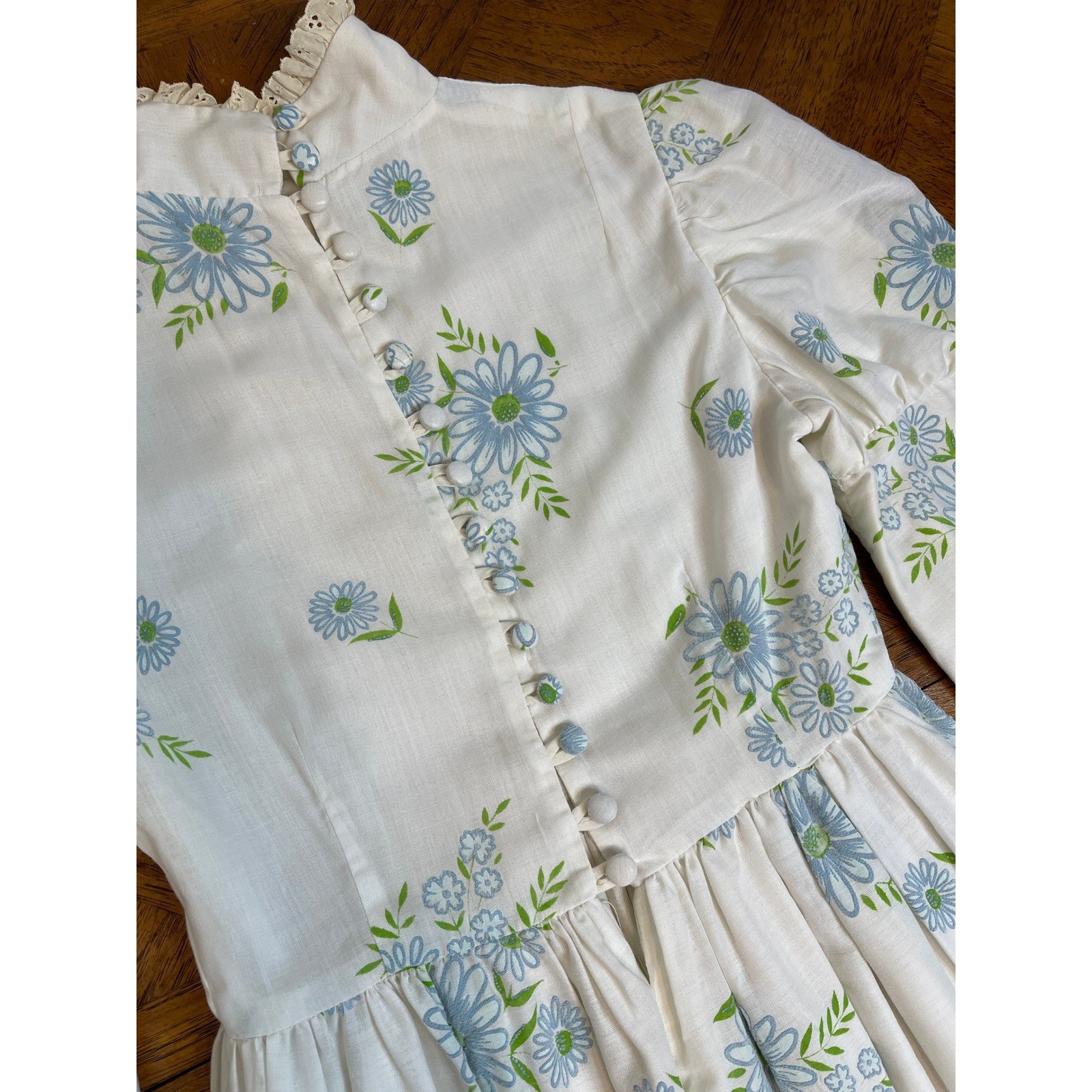 Vintage Prairie Dress White Blue Floral Puff Sleeve Lace Trim Maxi XS