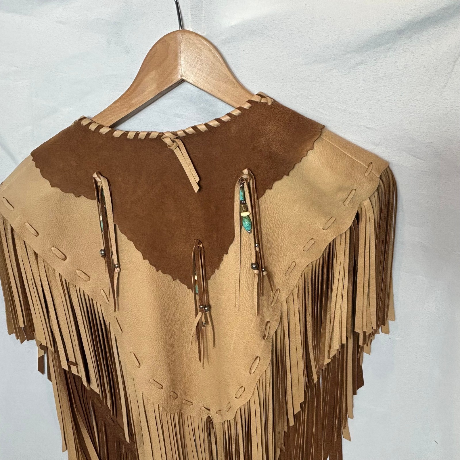 Blue Bonnet Rose Leather Brown & Tan Vest Fringed Turquoise Beads Boho Western