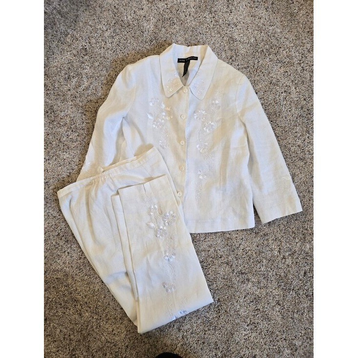 Vintage Anne Carson White Embroidered Silk Linen Pant Set Mixed Sizes 8/10