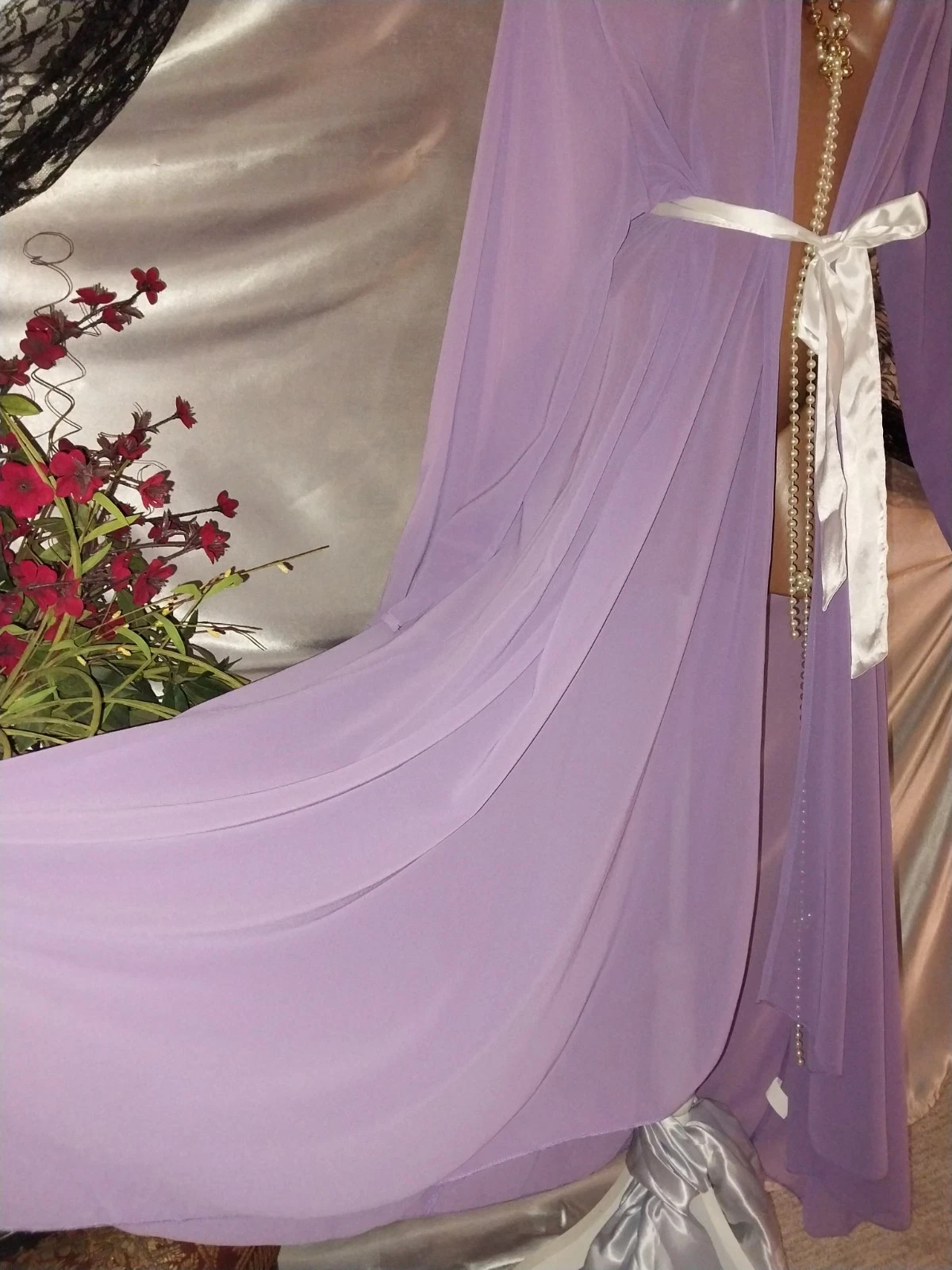 VTG SILKY SEMI SHEER TIERS PURPLE CHIFFON LONG TWIRLY ROBE DUSTER OSFM 52 54″