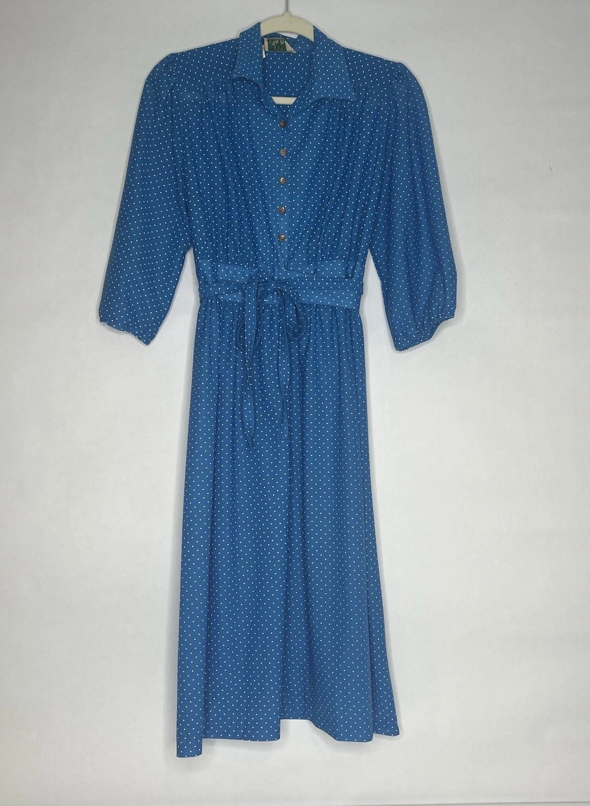 Ms Sugar 1960s Blue Polka Dot Shirt Dress Vtg Midi Dress w/ Waist Bow Hollywood