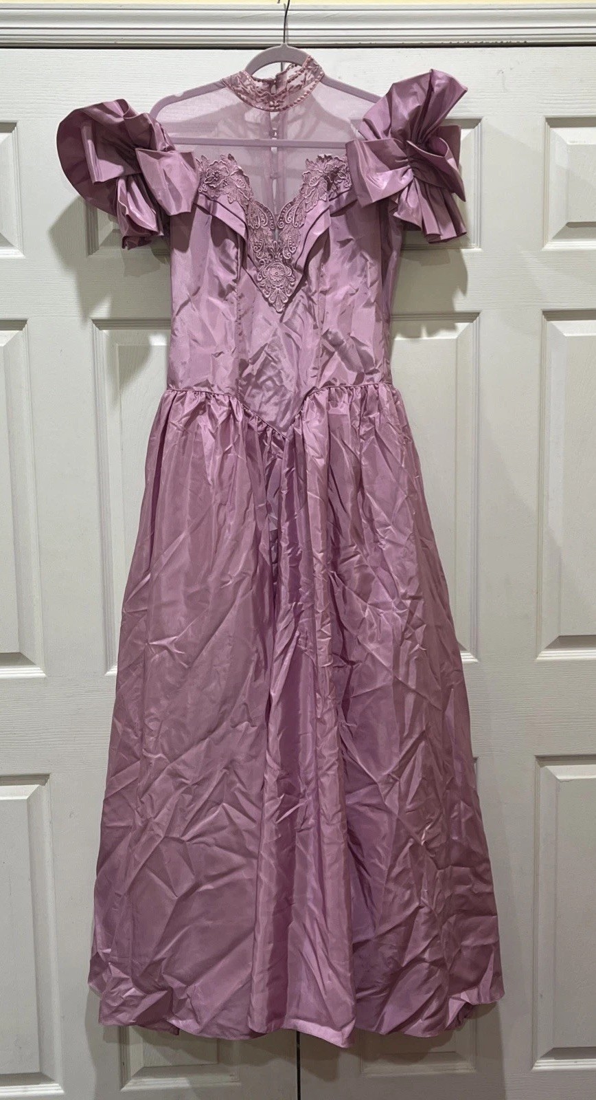 Vintage 80’s Eve Of Milady Lavender Prom Lace Mockneck Mesh Ruffle Formal Dress