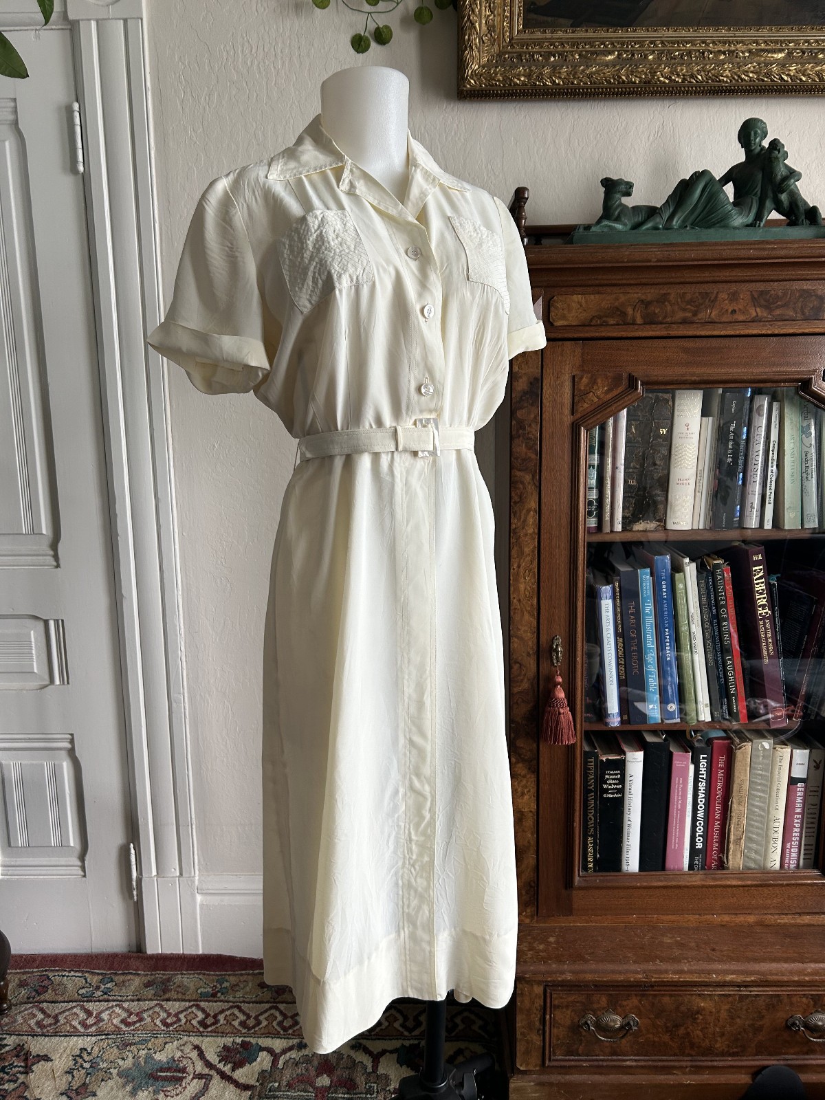 Vintage 1940s Cream Rayon Day Shirt Dress Belted 1930s MOP High End Summer S/M
