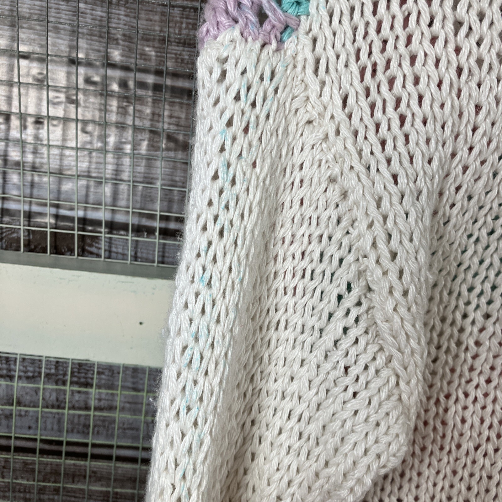 Vintage Chunky Knit Pastel Argyle Diamond Checkerboard Sweater Sz S White 80’s