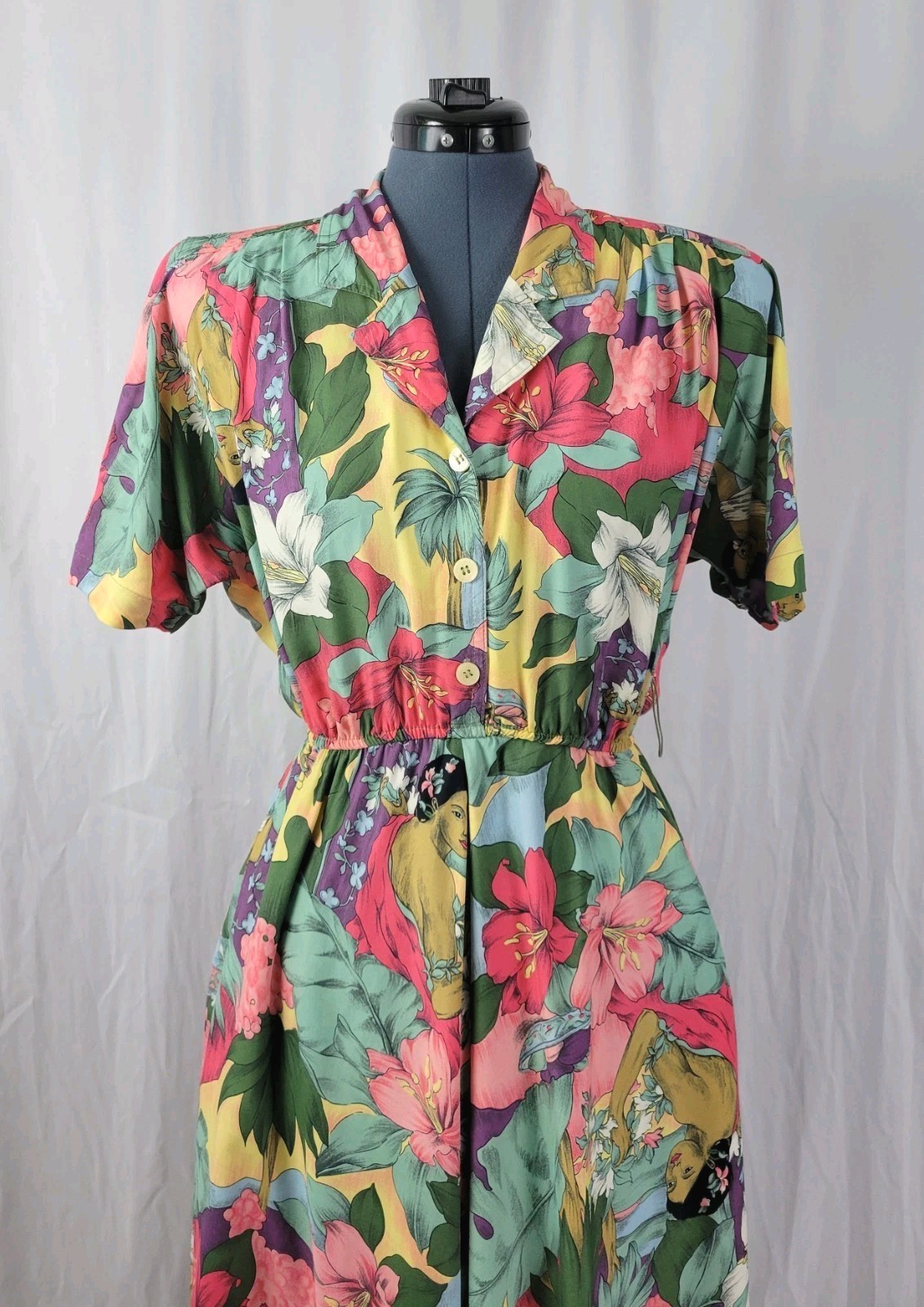 Vtg Carol Anderson Multicolor Floral & Lady Printed Blouson Dress Size S/M?