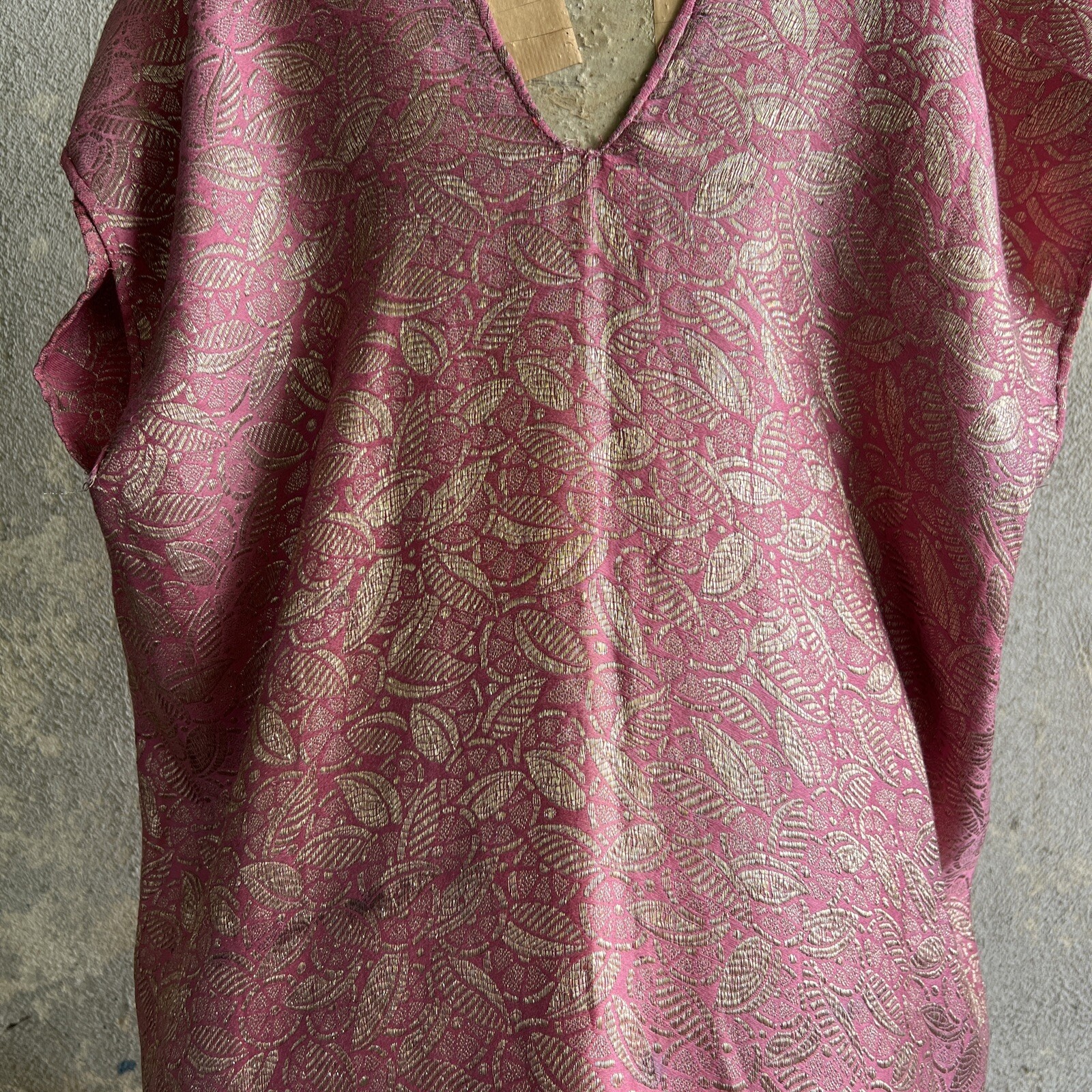 Antique 1920s Pink Silk Lamé Smock Mini Dress Blouse Fruit Design 1930s Vintage