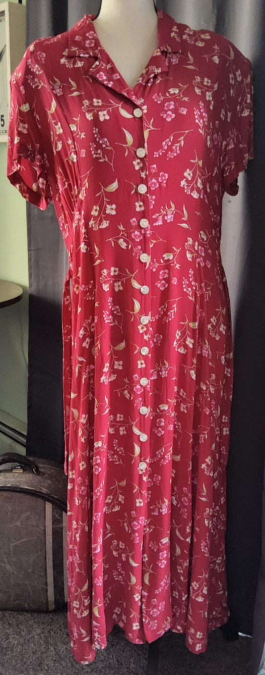 VTG RED FLORAL 1940s STYLE DAY DRESS Retro 90s Rayon. Tea Length Swingy Sz 14/16