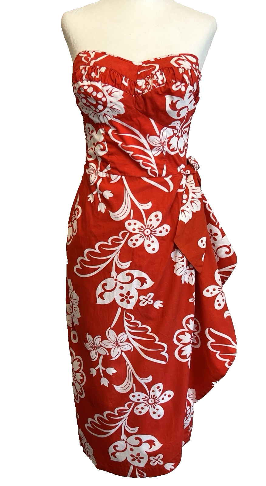 Vintage 50s Strapless Hawaiian Red Cotton Sarong Glamour Dress w Shoulder Flare
