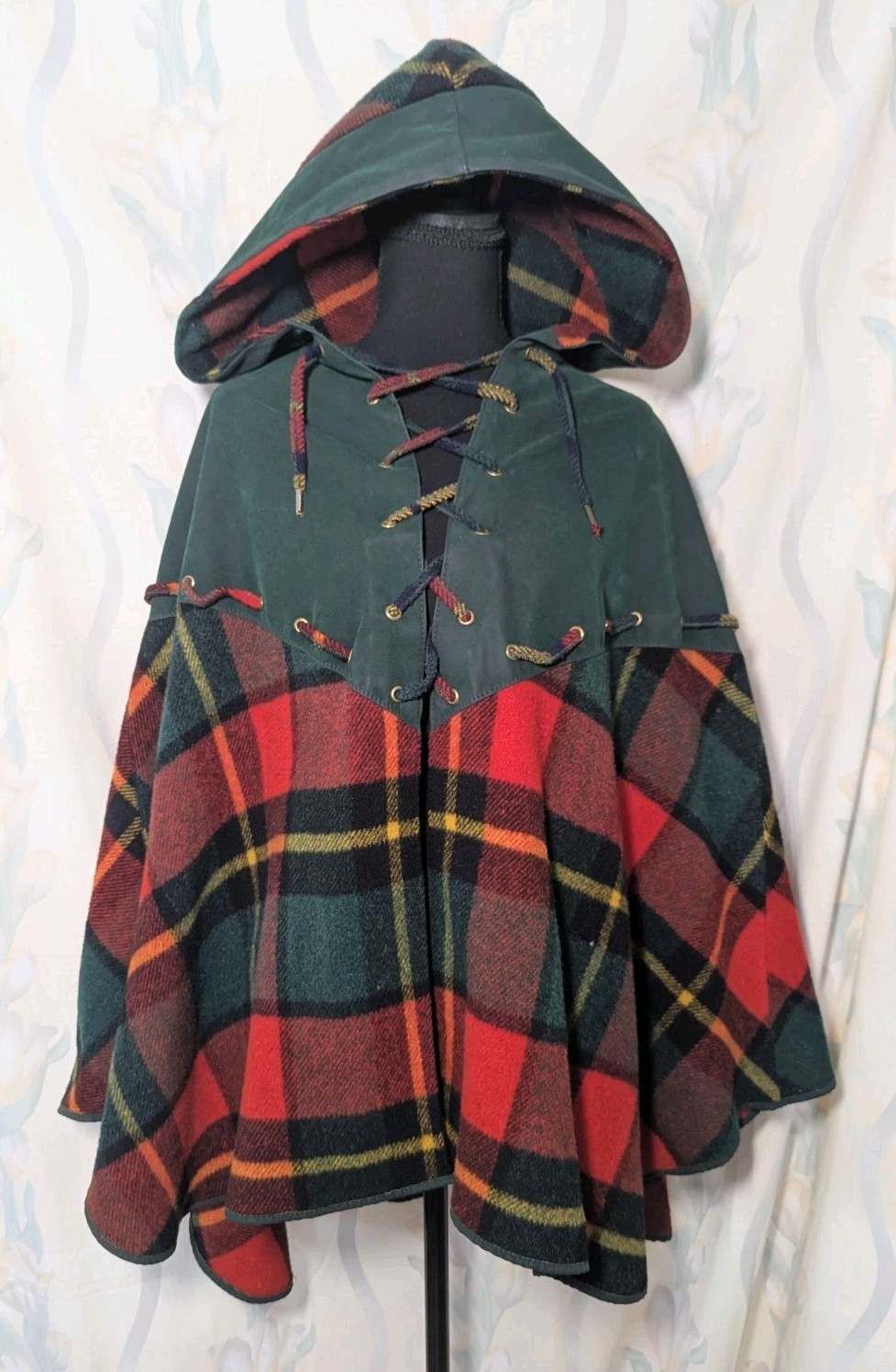 1960s Union-Made In USA Tartan Plaid Wool Hooded Cloak/Poncho W/ Lace-up Collar