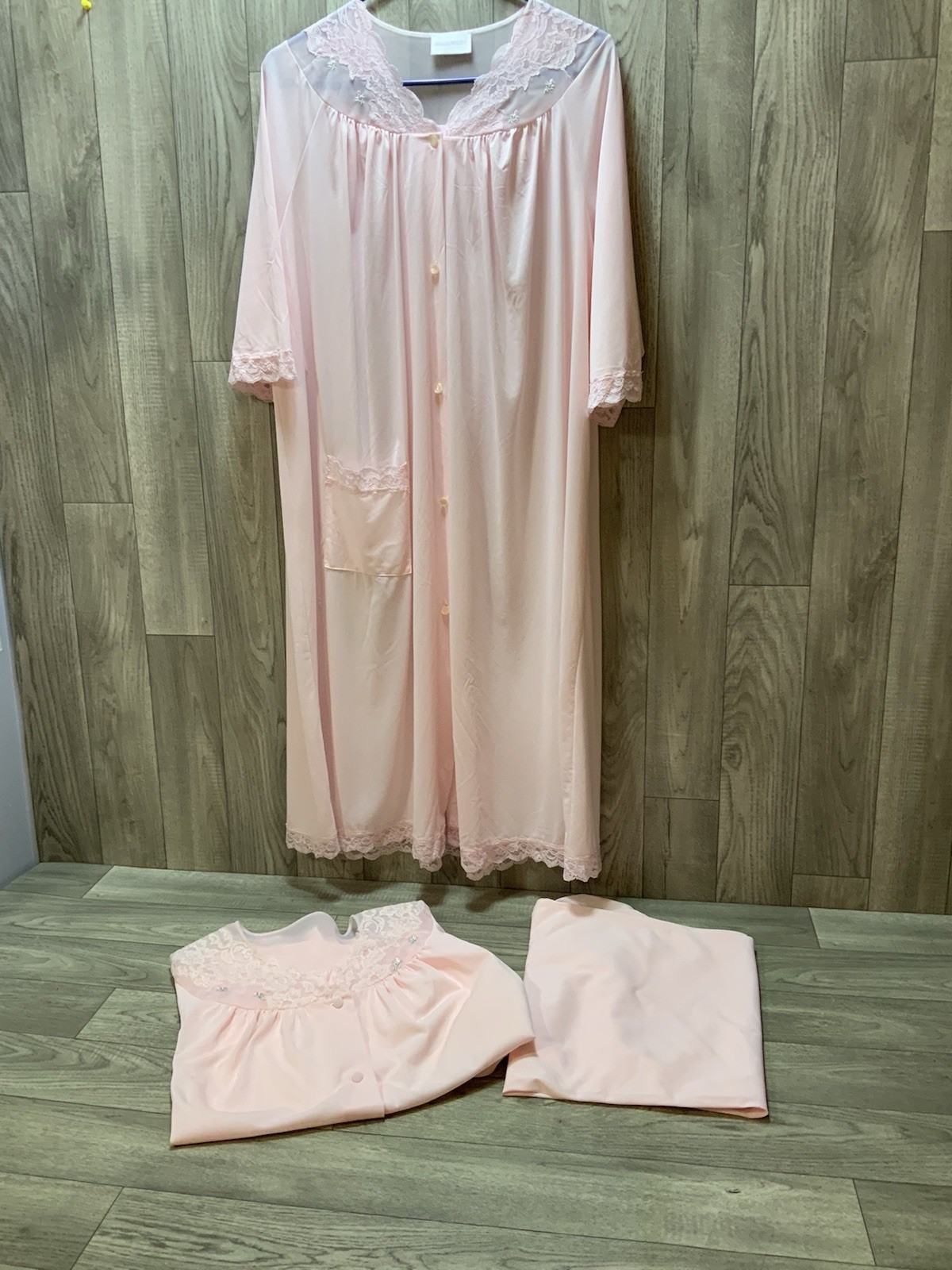 Vintage Shadowline Pink 3 Piece Set Nightgown/Pants/robe House Coat Size 44 Larg