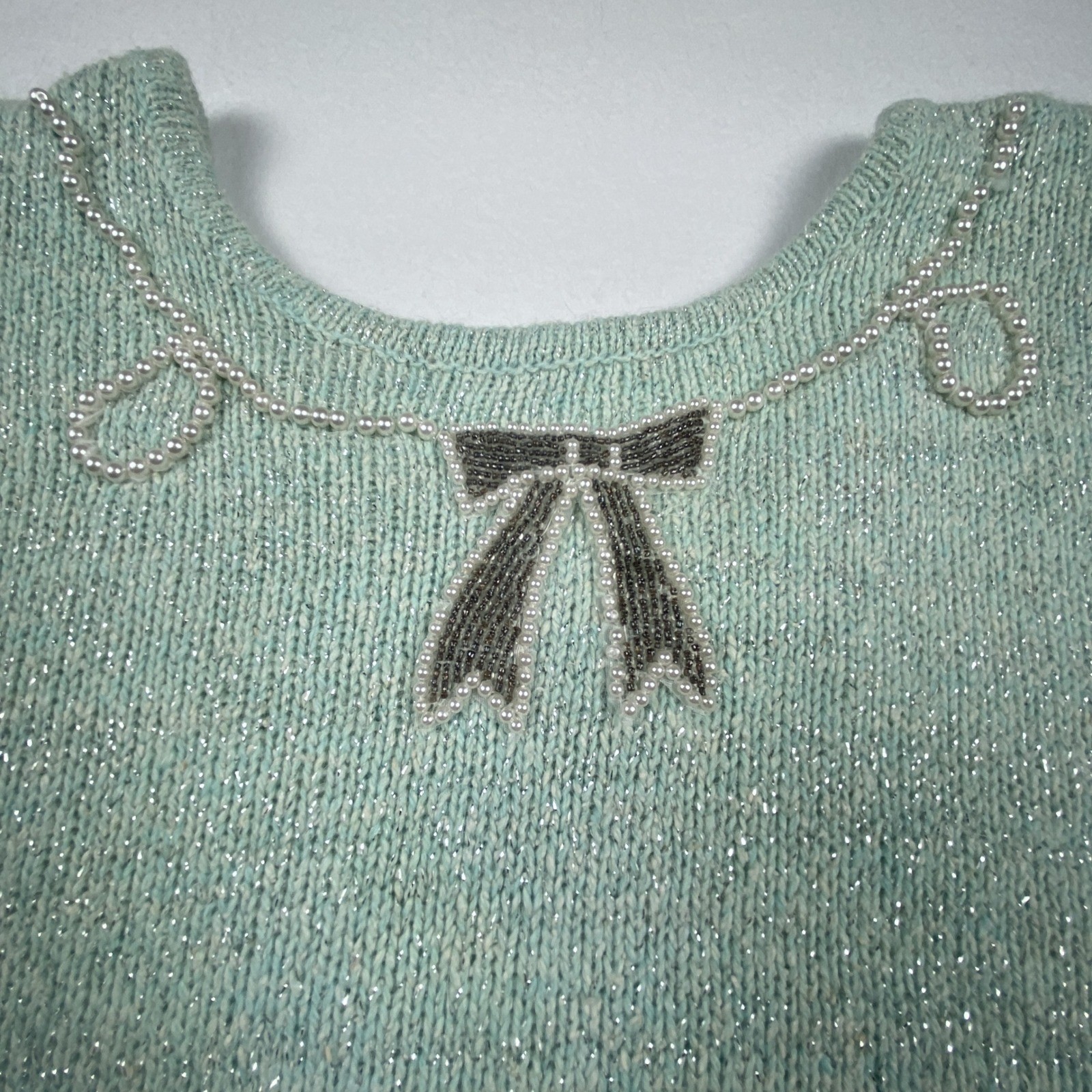 Vintage Heidi Mint Green Metallic Knit Silk Angora Wool Beaded Bow Top L