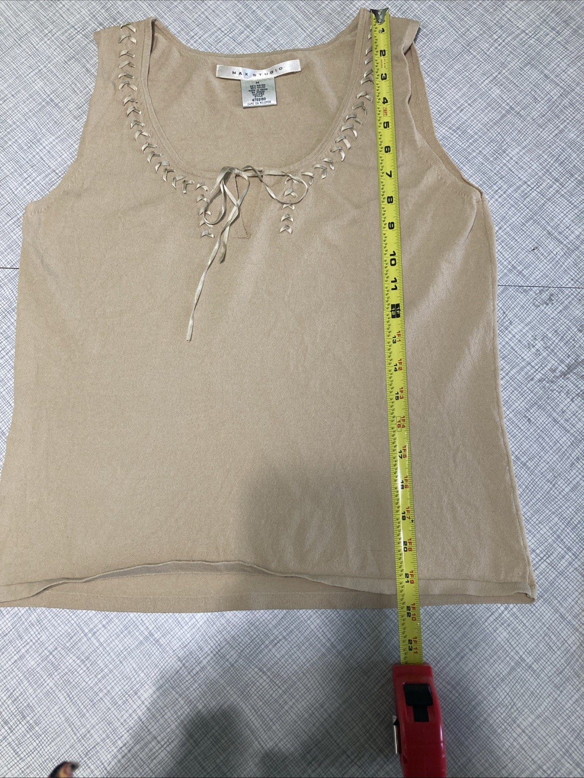 Vtg 2000s Max Studio Y2K Tan Lace-Up Ribbon Tank Top Rayon Nylon Blend Med GUC