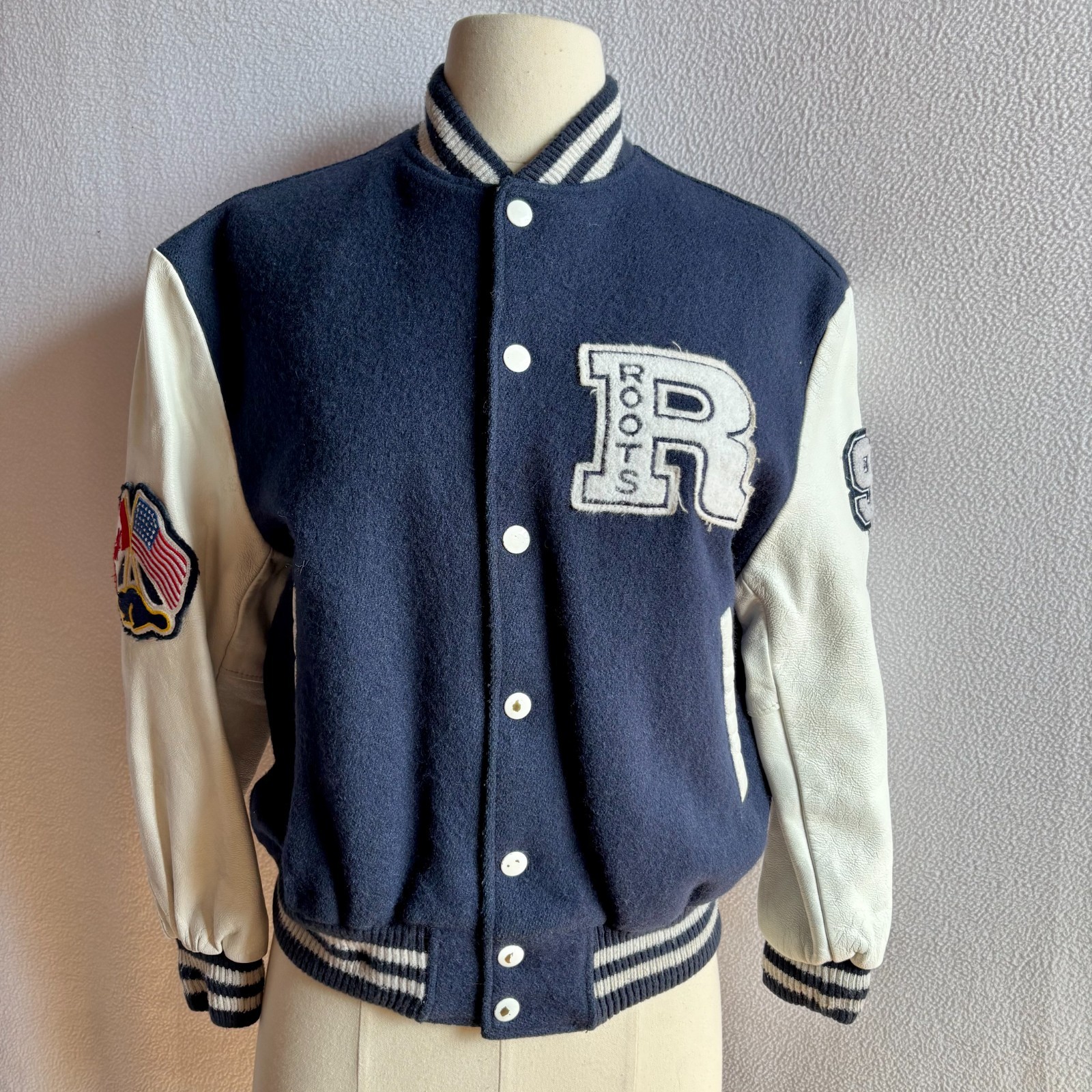 Vintage 1990s Roots Canada Wool Leather Varsity Letterman Jacket Childs XL