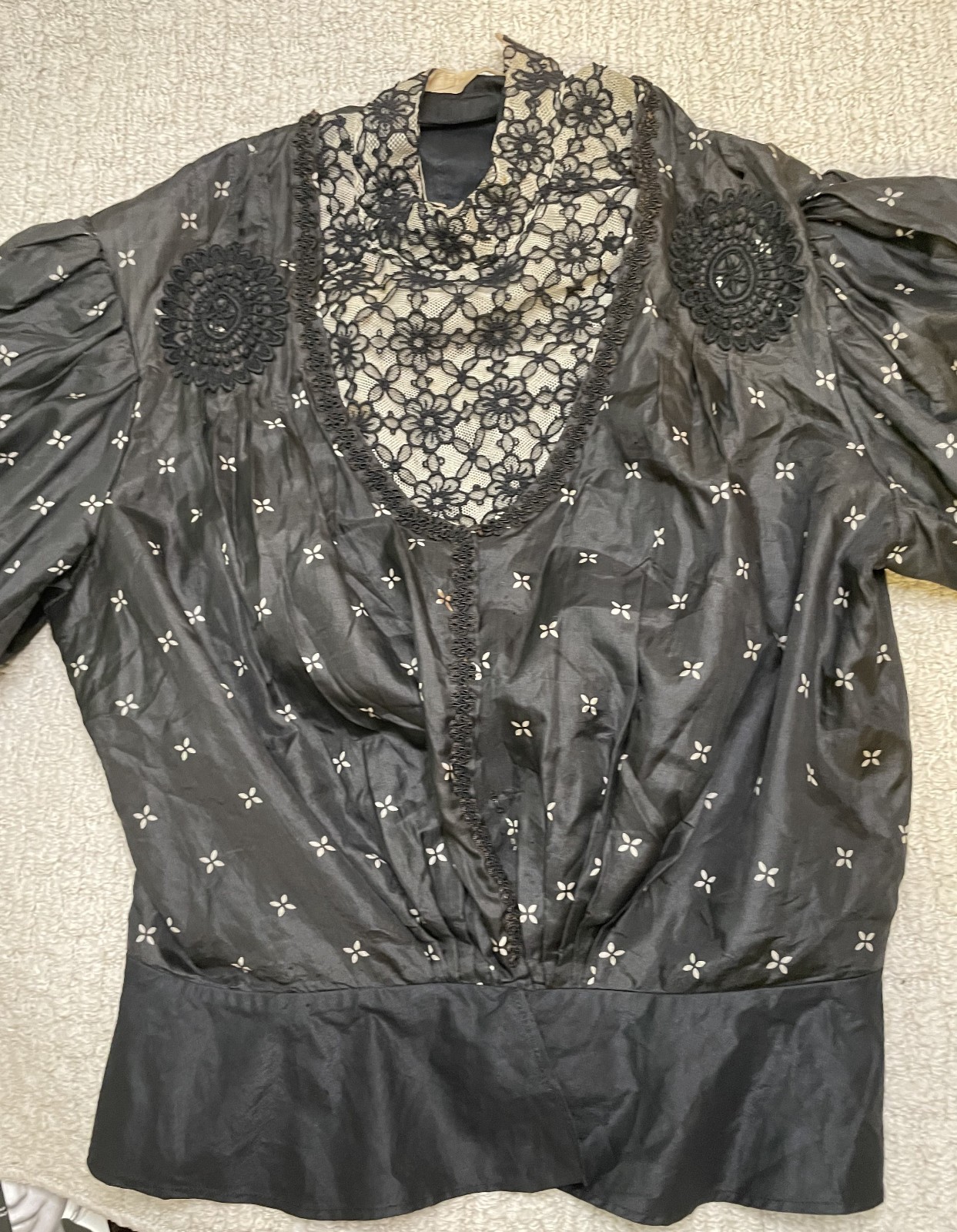 Antique Victorian Black Silk Top Blouse S Bodice Bishop Sleeves Lace Trim Peplum