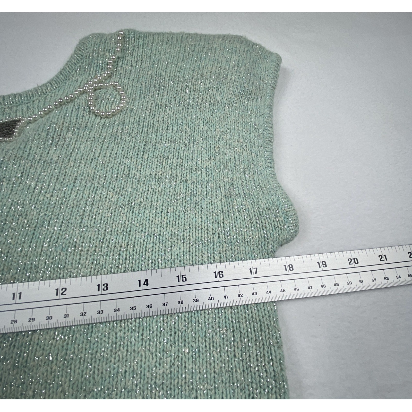 Vintage Heidi Mint Green Metallic Knit Silk Angora Wool Beaded Bow Top L