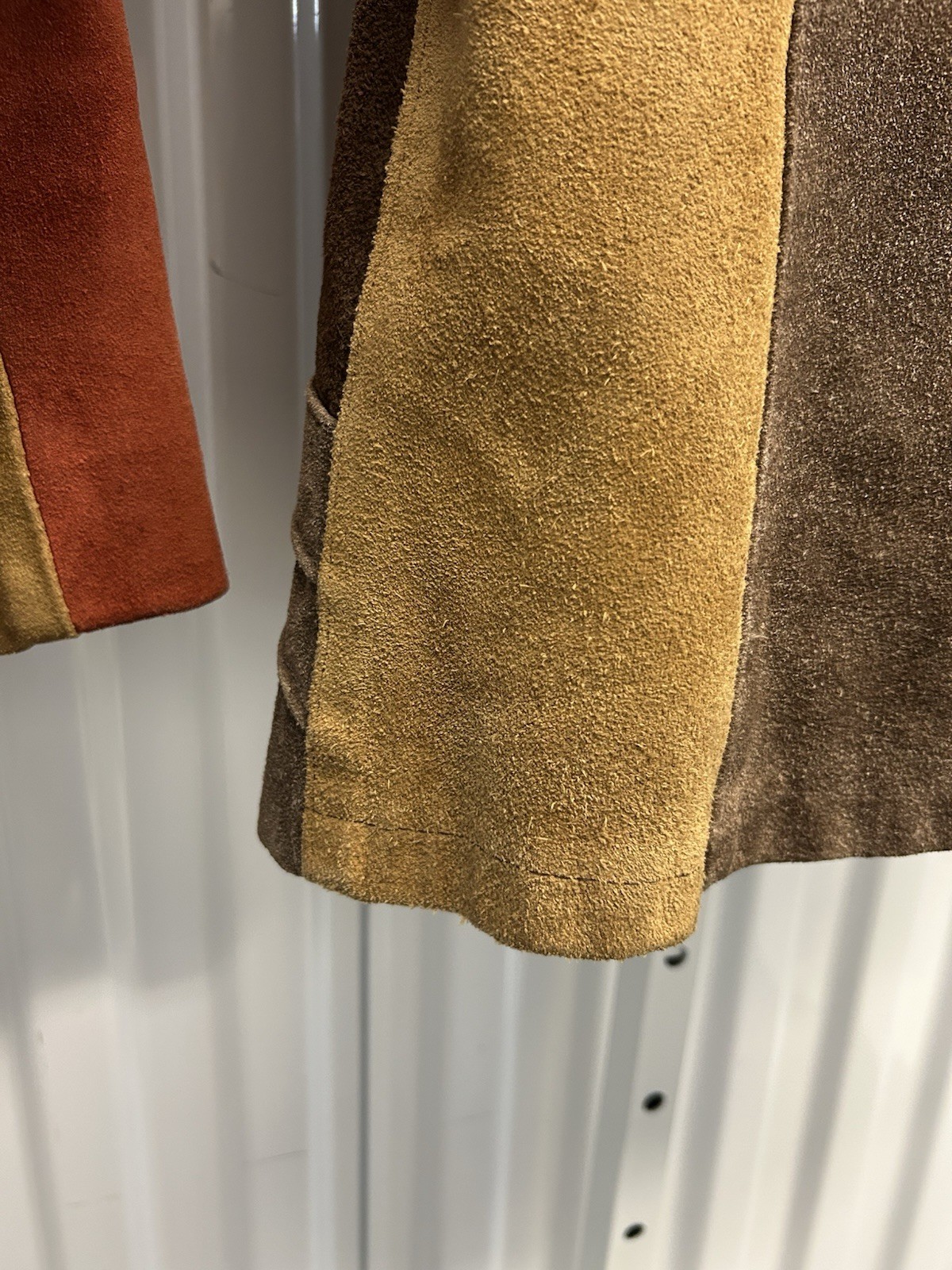 VTG 70s Canada Fashions Patchwork Suede Brown Orange Belted Hippie Jacket S READ