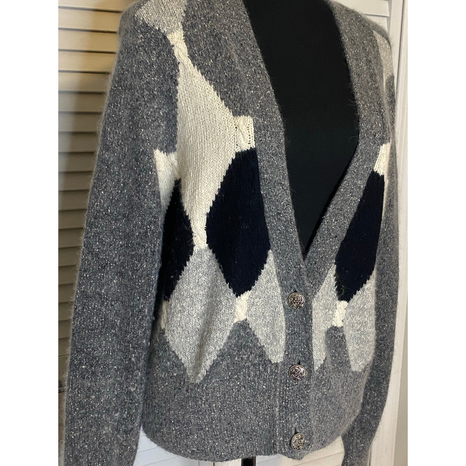 Vtg Segue Silk Angora gray,white, black wearable art cardigan Hong Kong M Women
