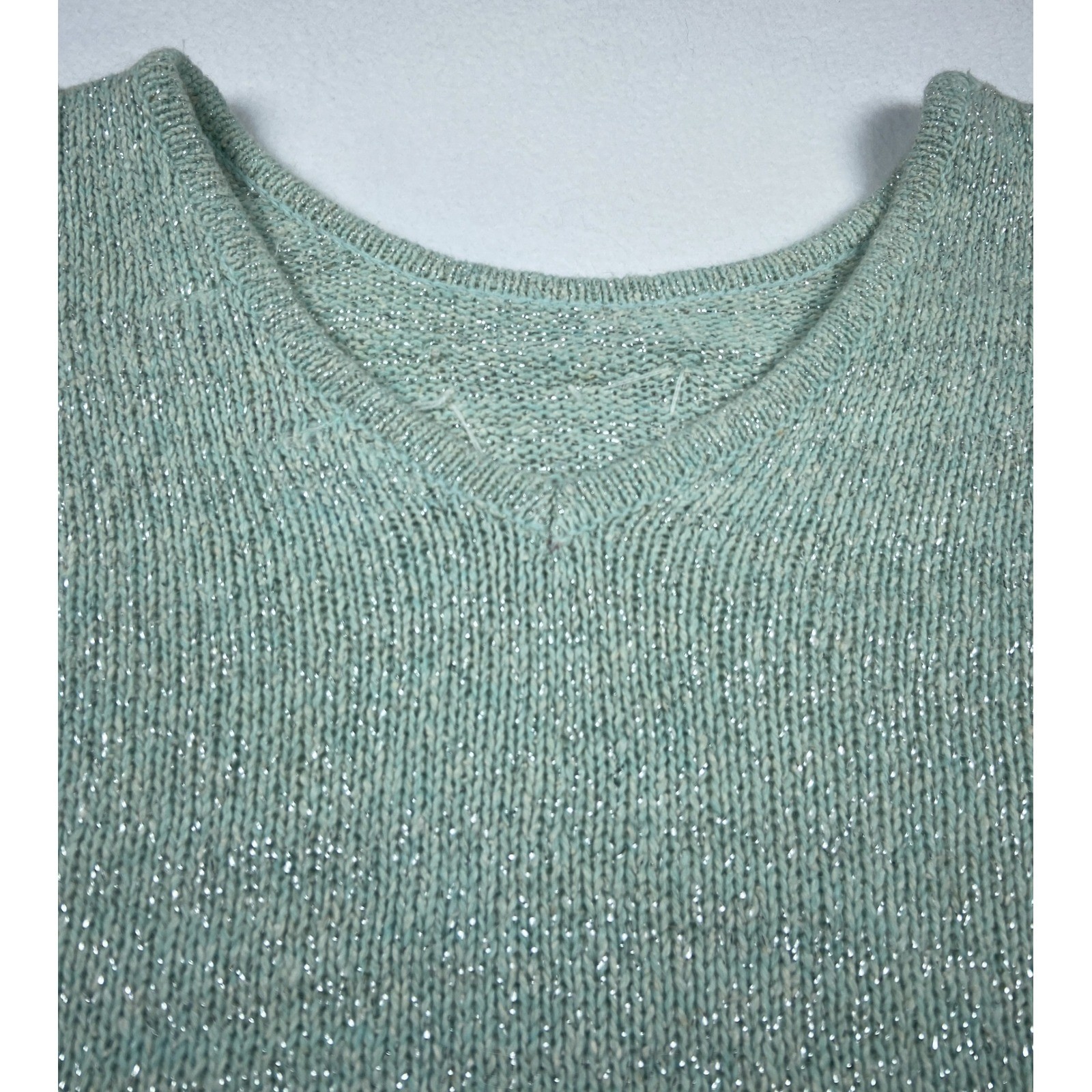 Vintage Heidi Mint Green Metallic Knit Silk Angora Wool Beaded Bow Top L
