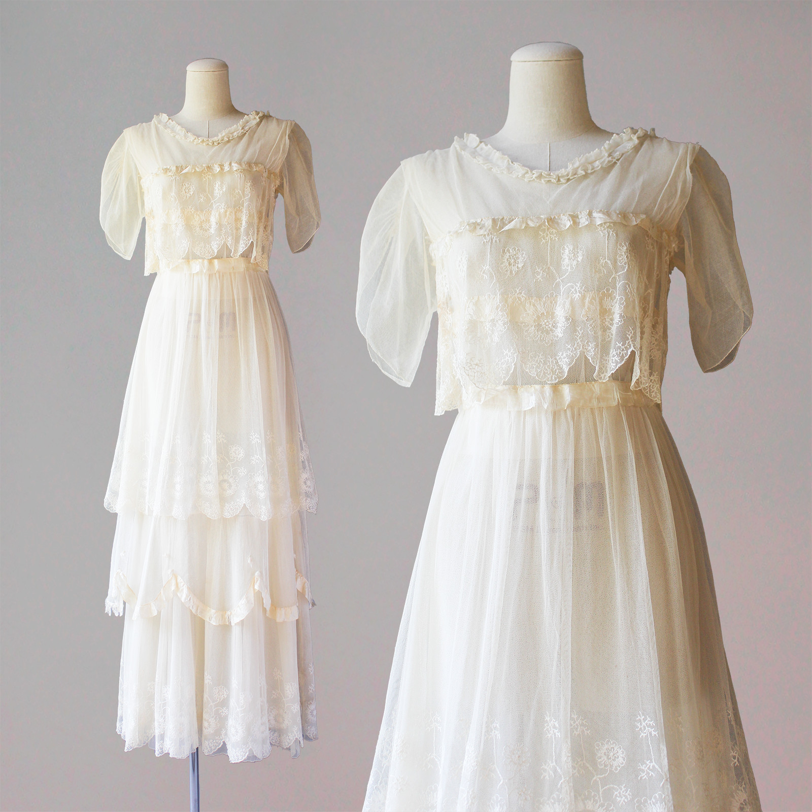 Antique Vintage 1910s Sheer White Silk Tulle Tiered Titanic Era Dress