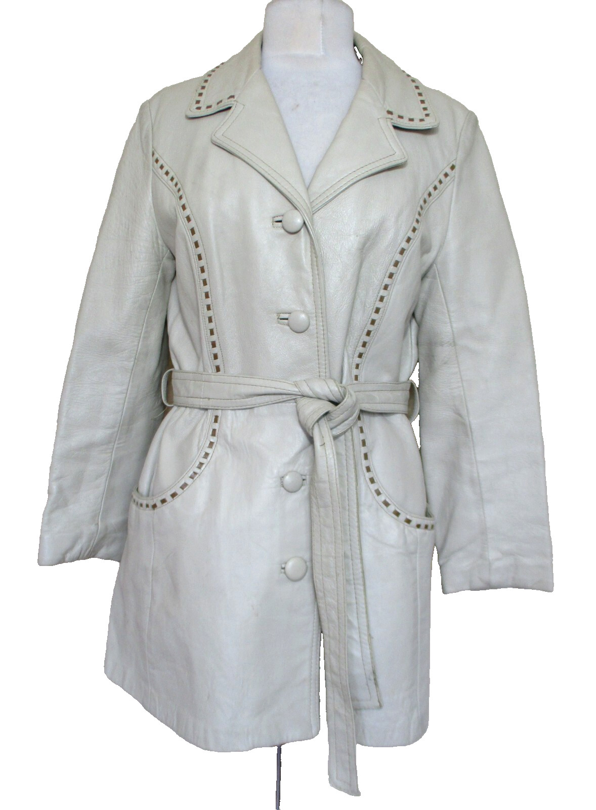 Vintage 24K Leather Dan Di Modes Coat Off White Leather Taupe Stitching S/M