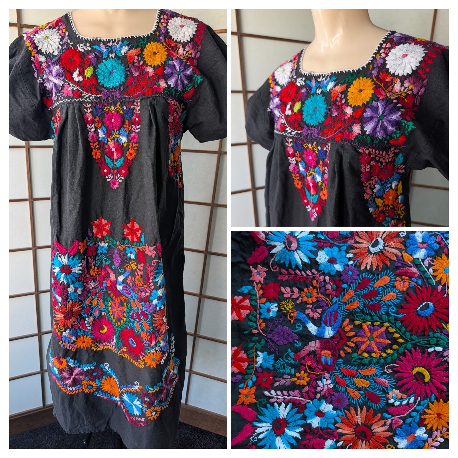 Vintage 70s Intricate Hand Embroidered Mexico Tourist Dress Peacock Sz M/L Black