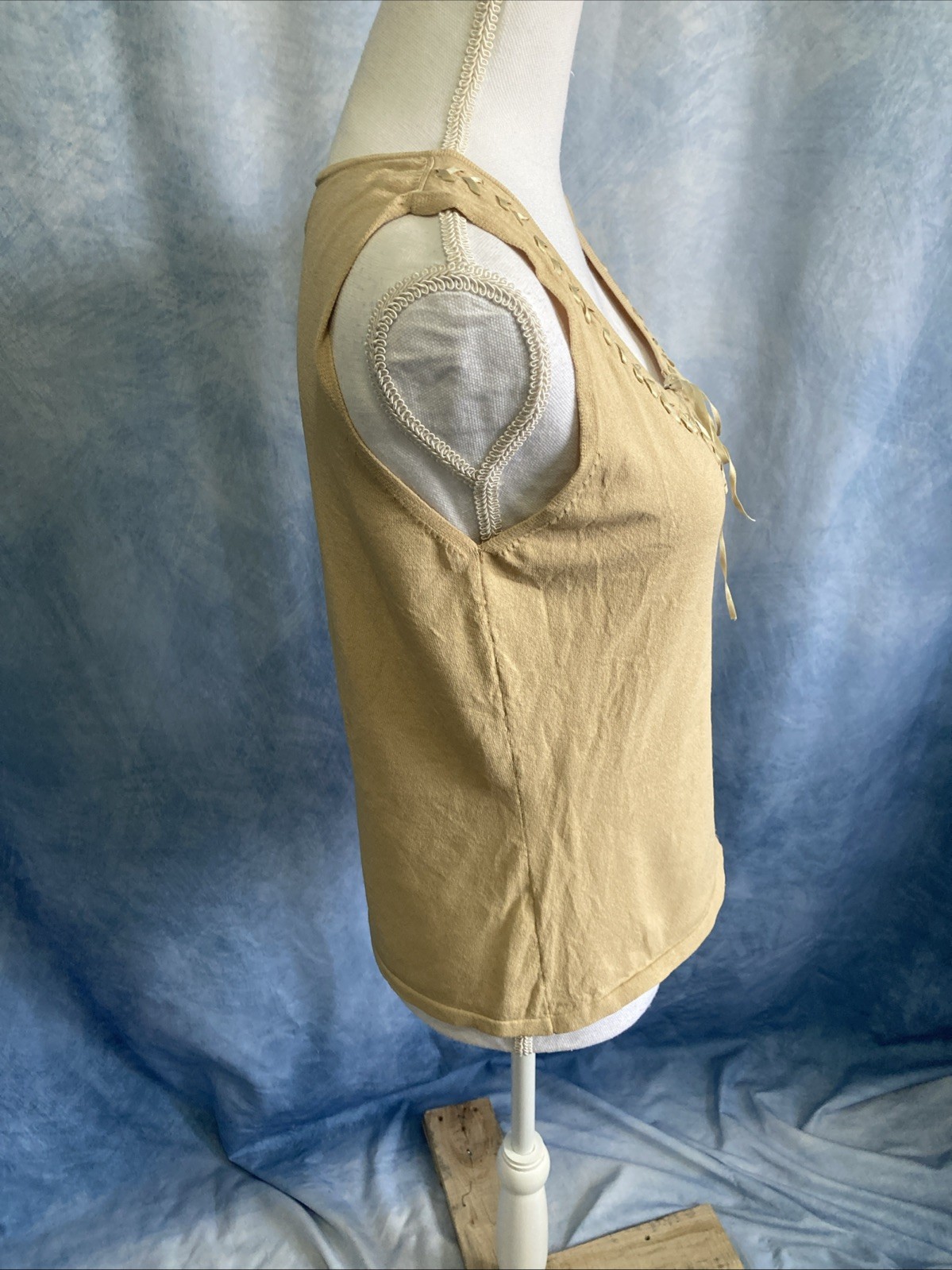 Vtg 2000s Max Studio Y2K Tan Lace-Up Ribbon Tank Top Rayon Nylon Blend Med GUC