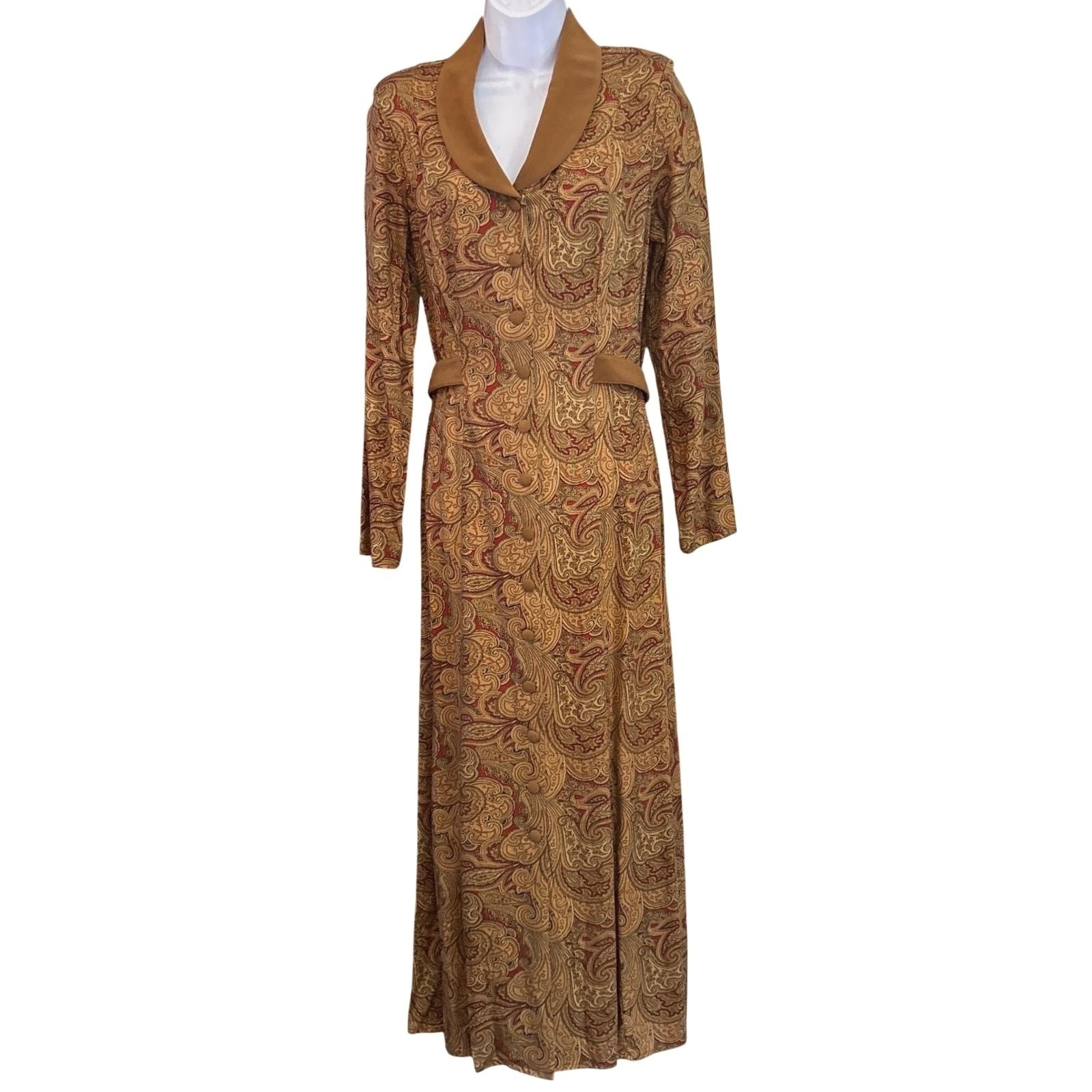 Vintage 90s T & Co Maxi Dress Dark Academia Boho Paisley Shawl Collar Old Money