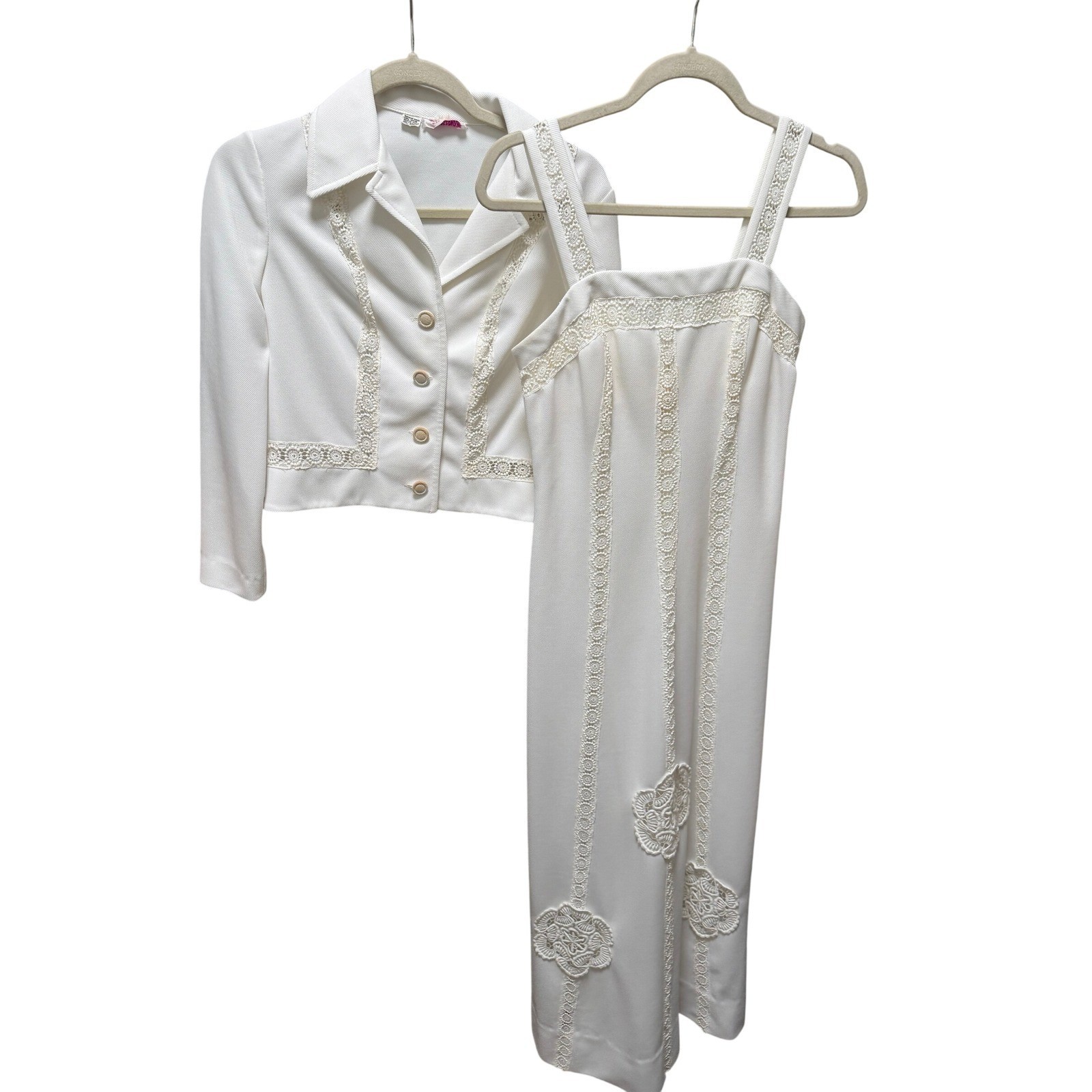 Vintage 70s Dress Set Sz S White Lace Bridal Boho Mel Warshaw Miss Jane Miami