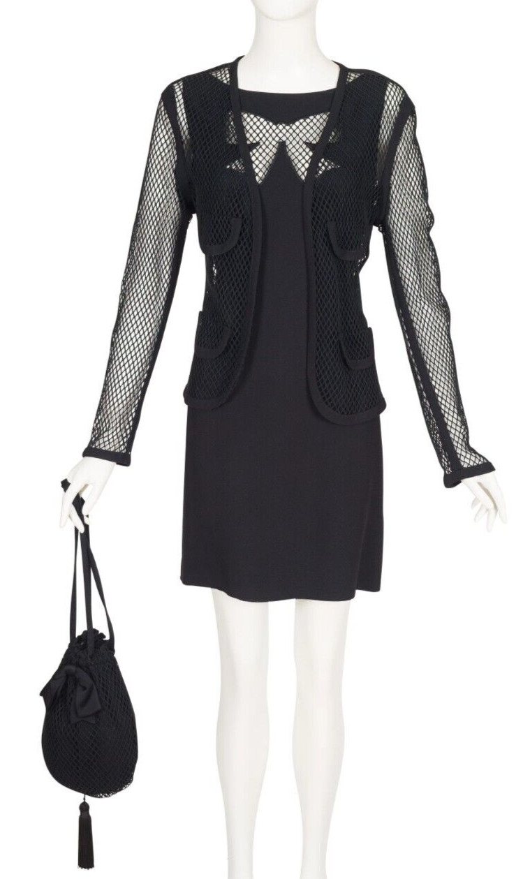 Moschino 1990s Vintage “Kit” Black Fishnet Bow Three-Piece Dress Set Outfit M L
