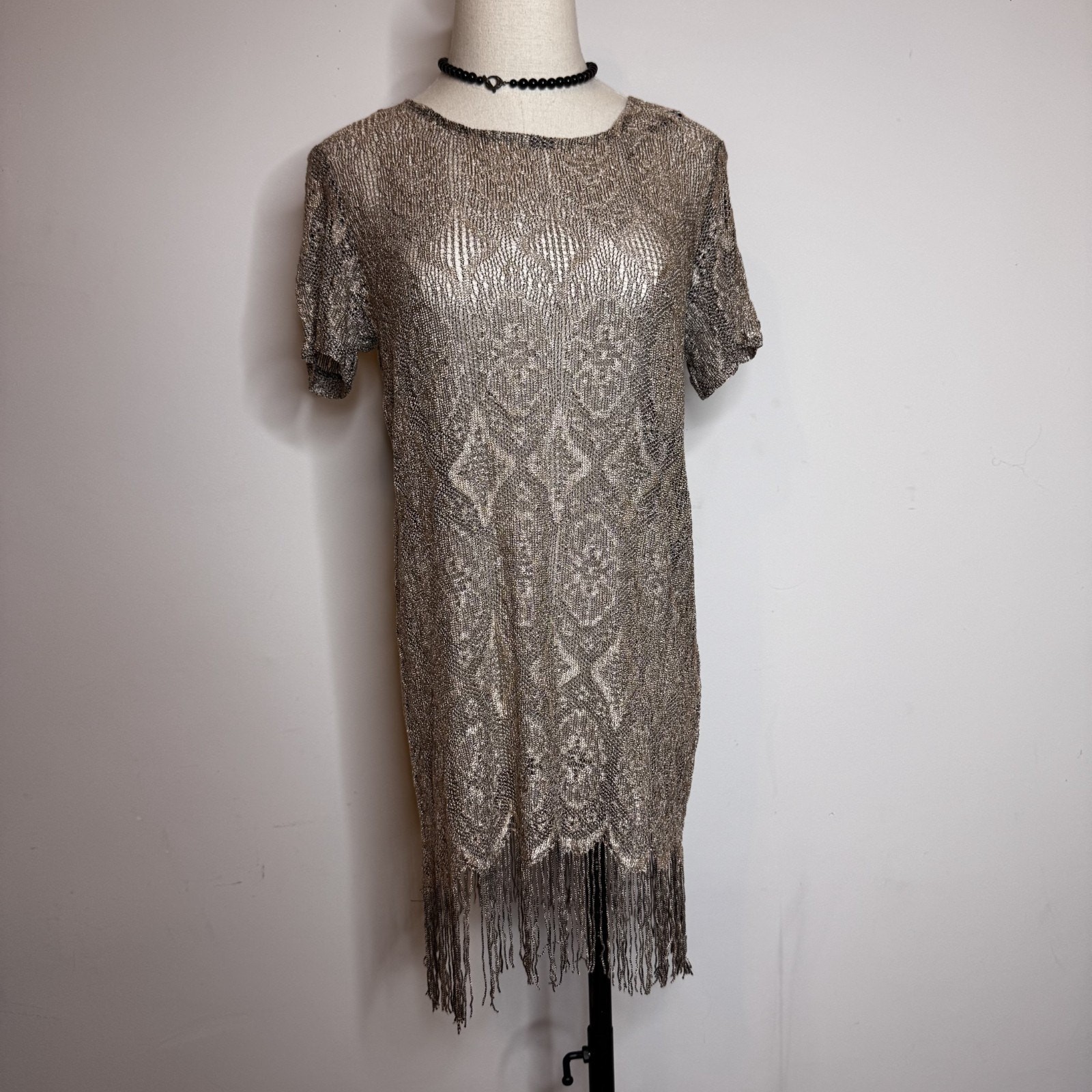 Vintage 90s Gold Lace Mini Dress Sheer Fringe Boho Flapper Goth Grunge Stunning