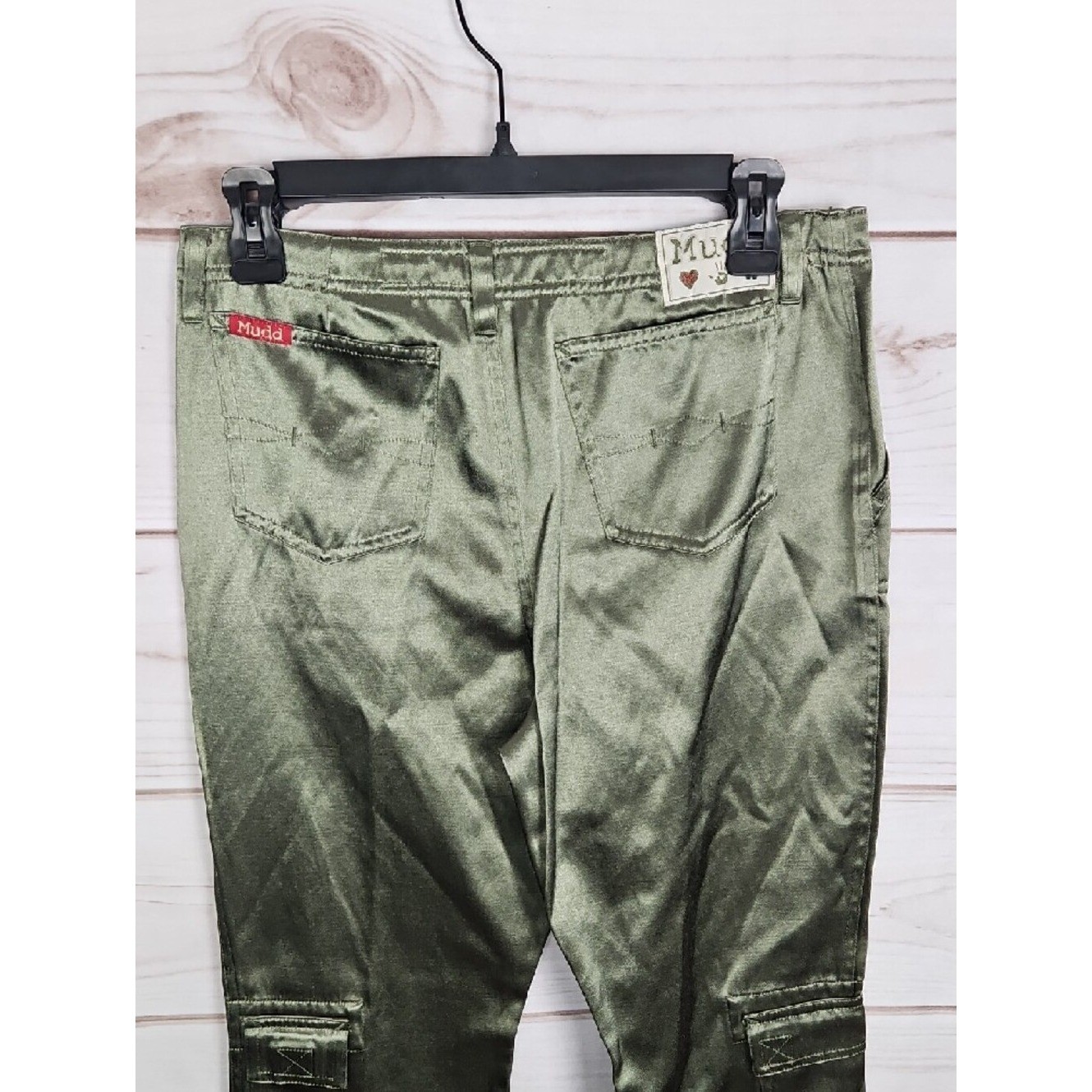 Vintage Mudd Jeans Metallic Olive Cargo Pants Size 16 Y2K Wide Leg Festival Rave