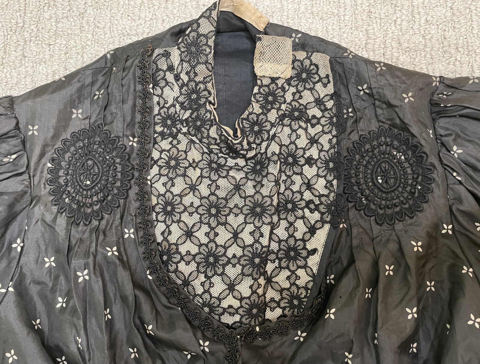 Antique Victorian Black Silk Top Blouse S Bodice Bishop Sleeves Lace Trim Peplum