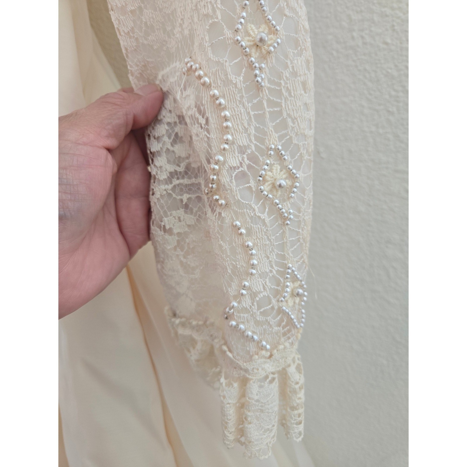 Vintage Victorian Lace Wedding Dress Pearl Beaded High Neck Long Sleeve Gown 6