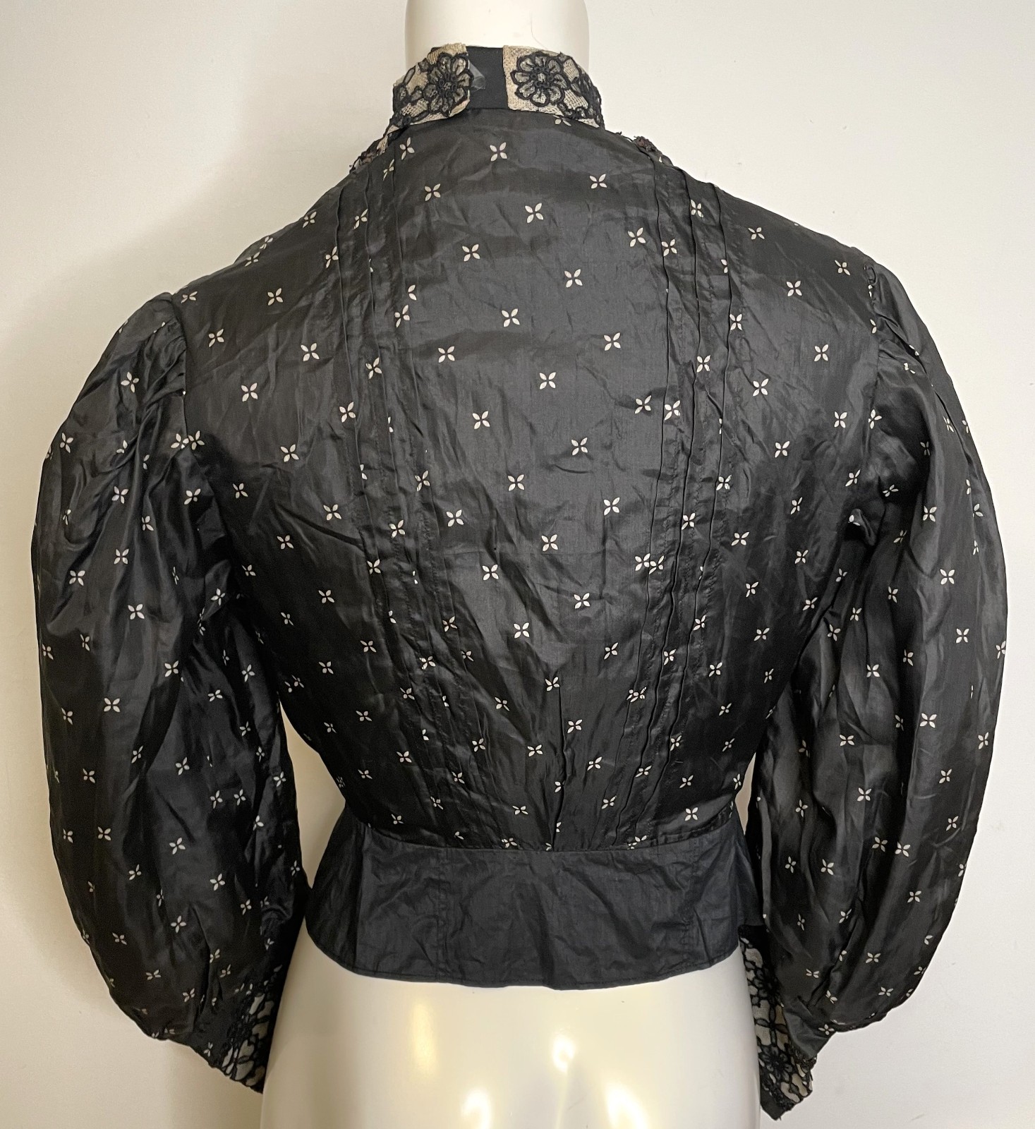 Antique Victorian Black Silk Top Blouse S Bodice Bishop Sleeves Lace Trim Peplum