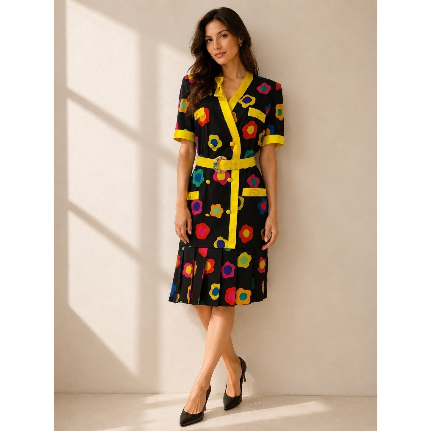 VTG Escada Margaretha Ley Silk Novelty Print Dress Jewel Belt Sz 40 Pop Art Mod