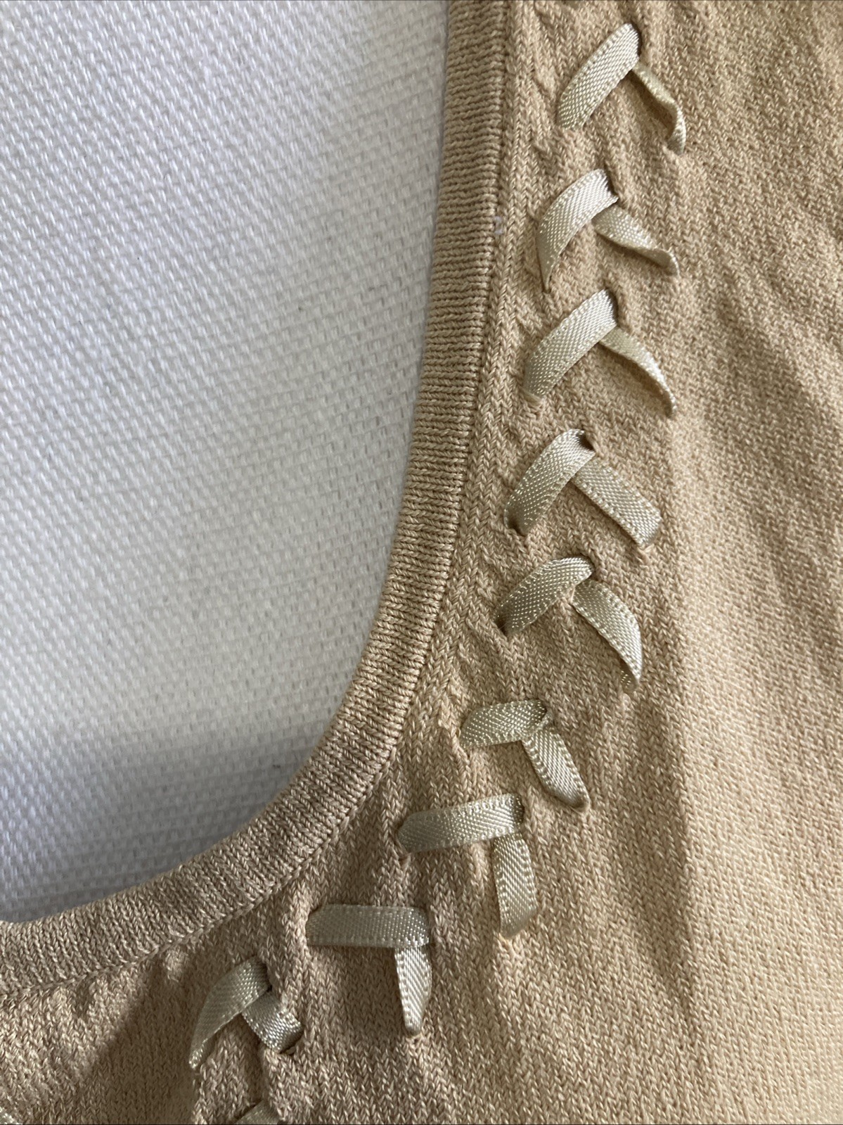 Vtg 2000s Max Studio Y2K Tan Lace-Up Ribbon Tank Top Rayon Nylon Blend Med GUC