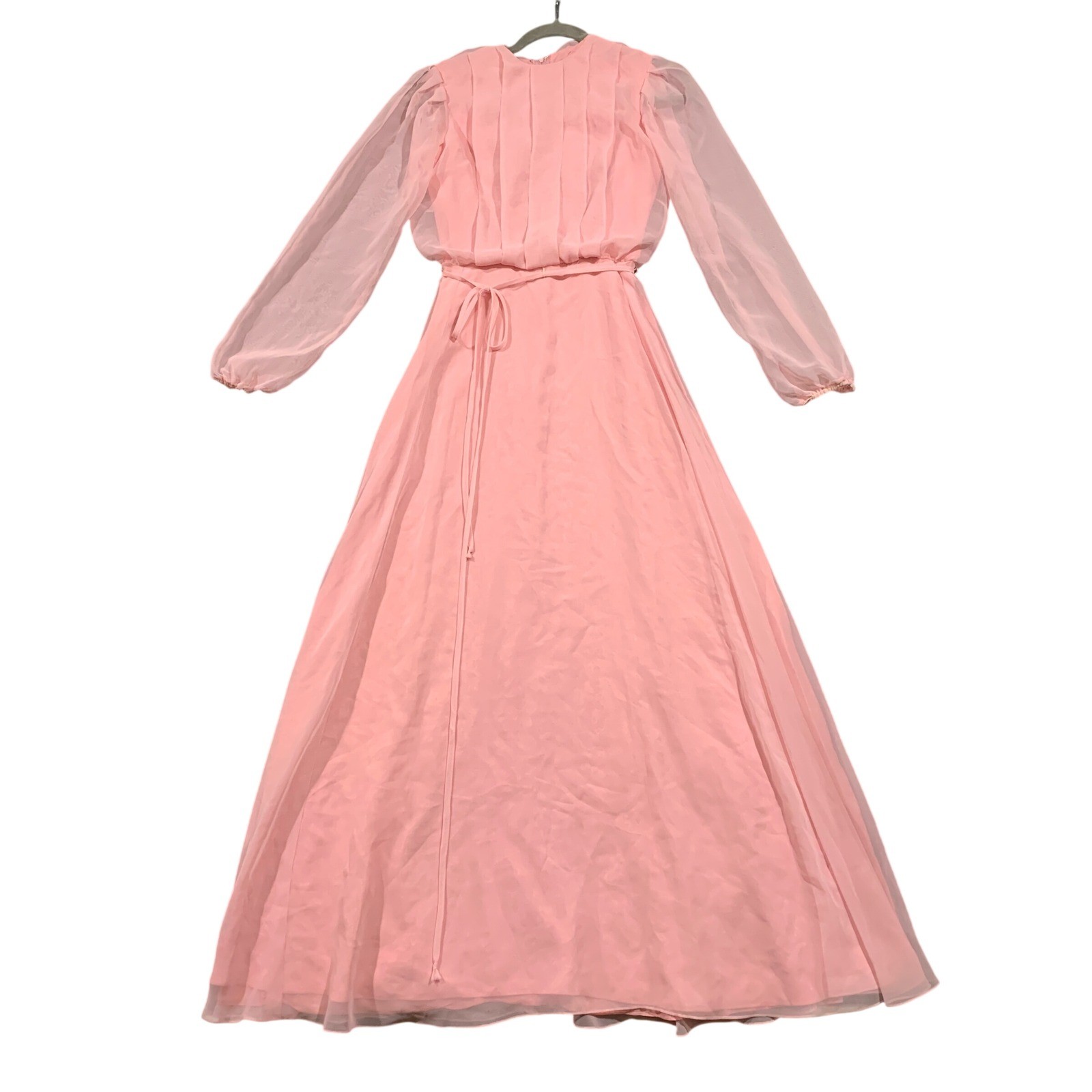 Vintage 70s Pink Chiffon Maxi Dress ILGWU Union Made Sheer Bishop Sleeve Sz 7/8