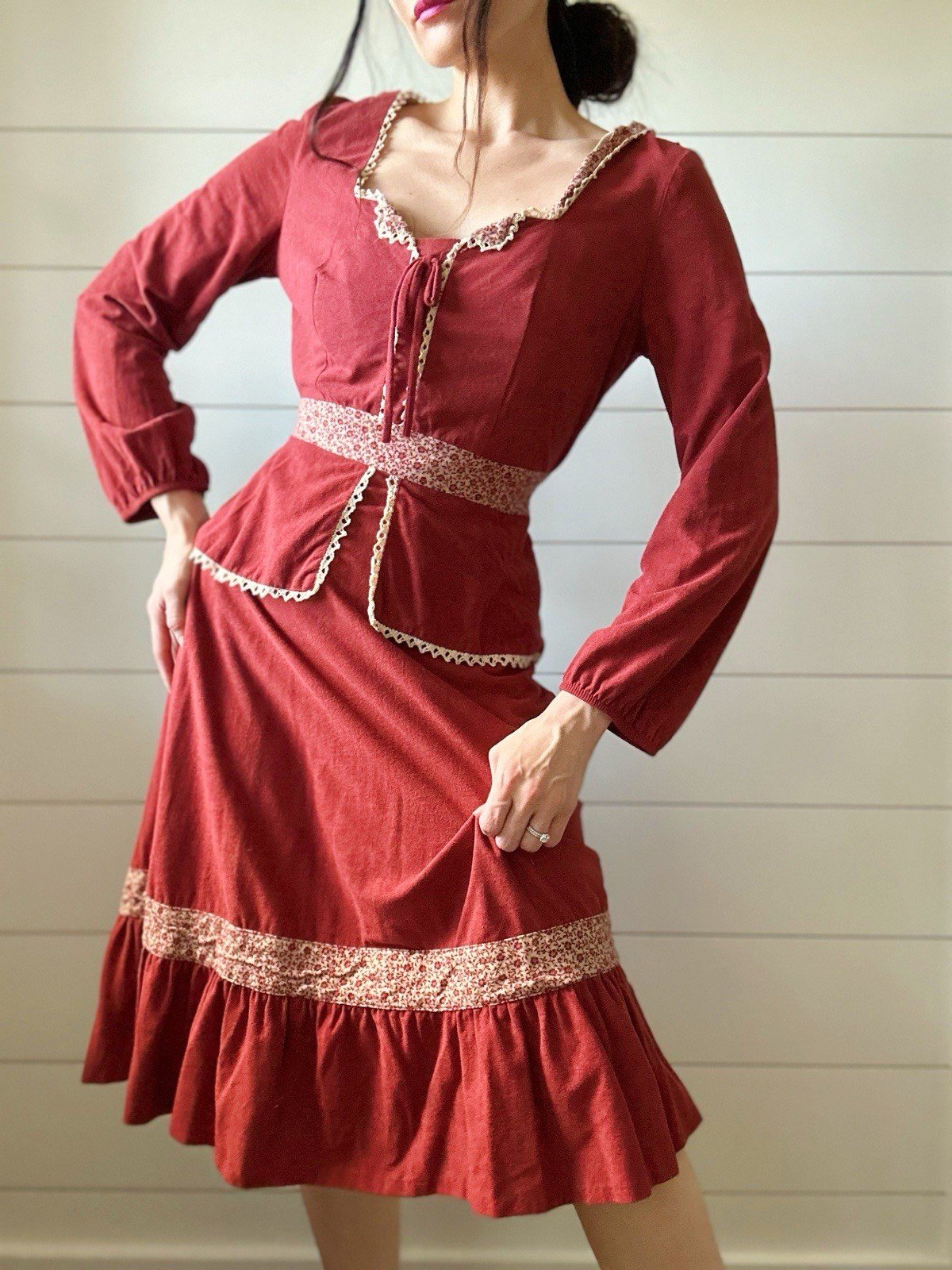 Vintage Prairie Dress 1970s Orange Calico Print Victorian Revival