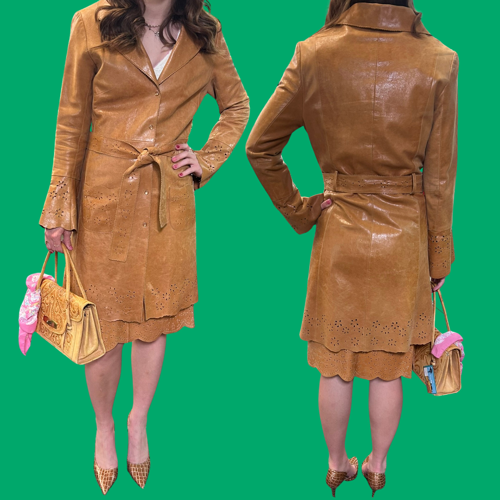 Vintage Leather Jacket Skirt Set Womens S 4 Camel Cutwork Floral Belted
