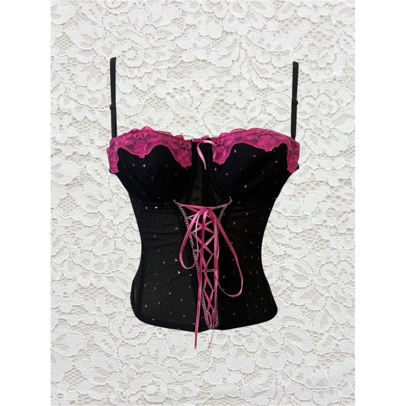 vintage black & pink polka dot corset top with lace trim and ribbon details