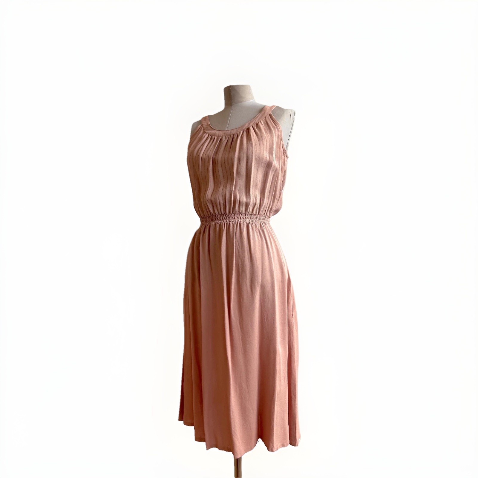 Vintage 1960s Nude Matte Crepe Dress sz S 4 6 Summer Maisel Chic Elastic Waist