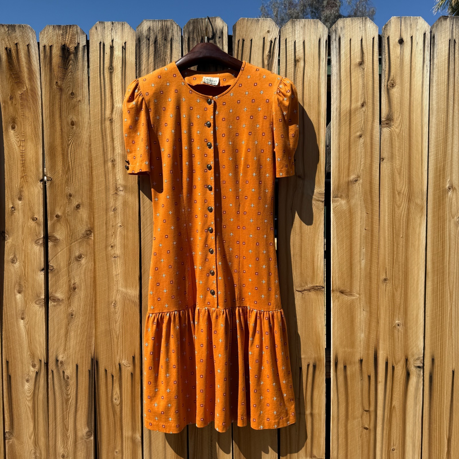 PRICE FIRM Vintage Dress 80s 90s DB Sport Orange Drop Waist Pleated Casual